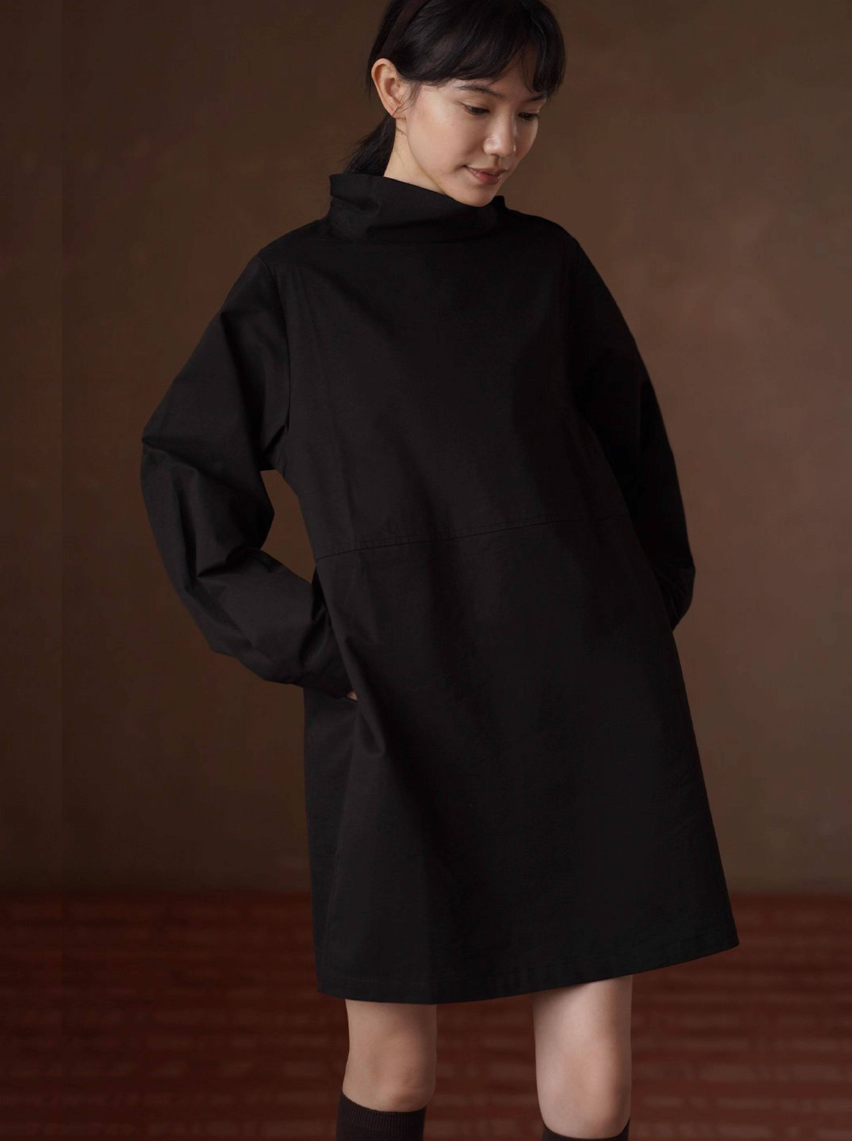 秋冬新款弗里達學院可調式紐扣高領寬鬆100棉連身裙女