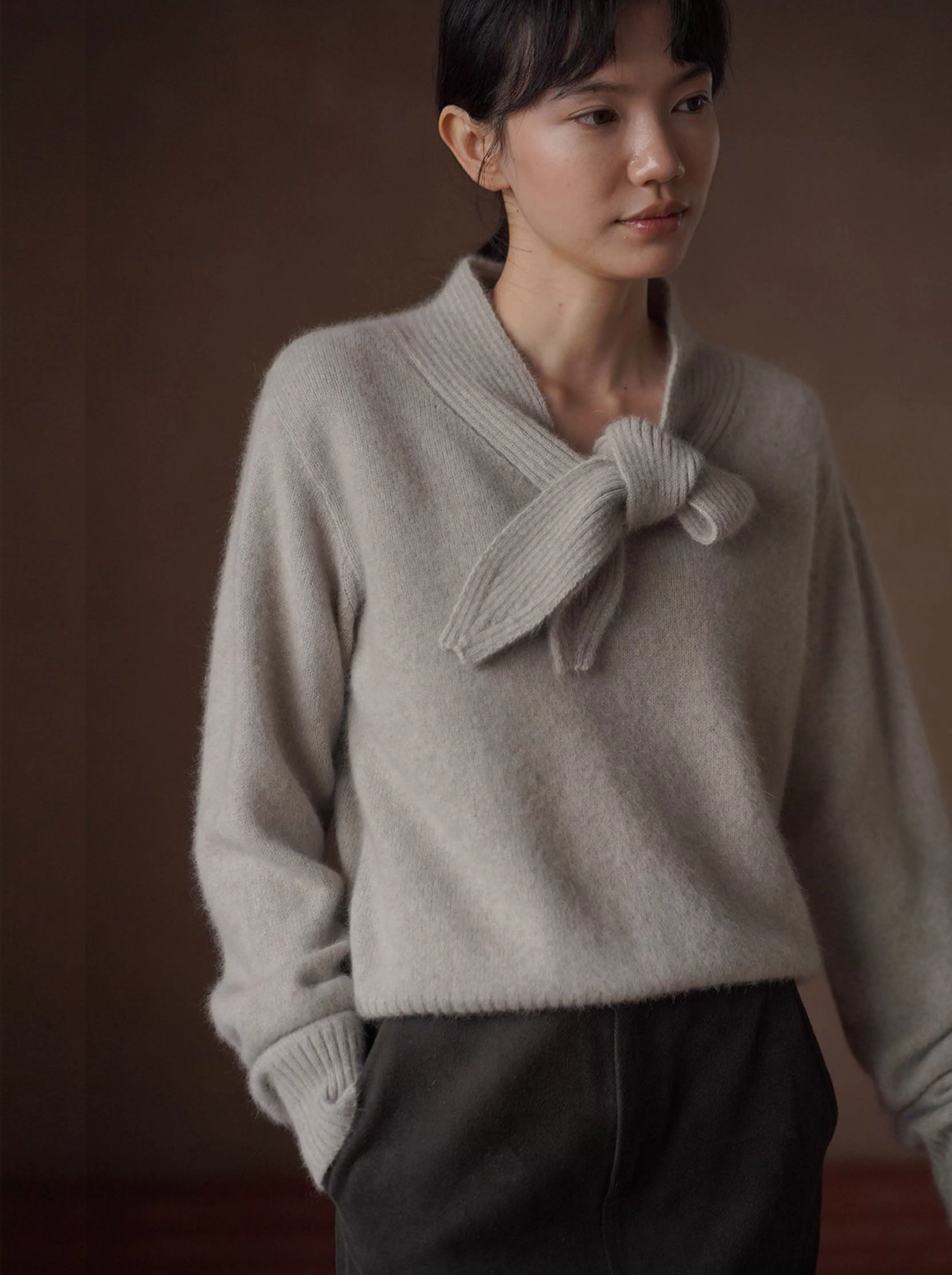 靜謐月光羊毛柔和混紡紗線領結設計感坑條顯瘦寬鬆毛衣