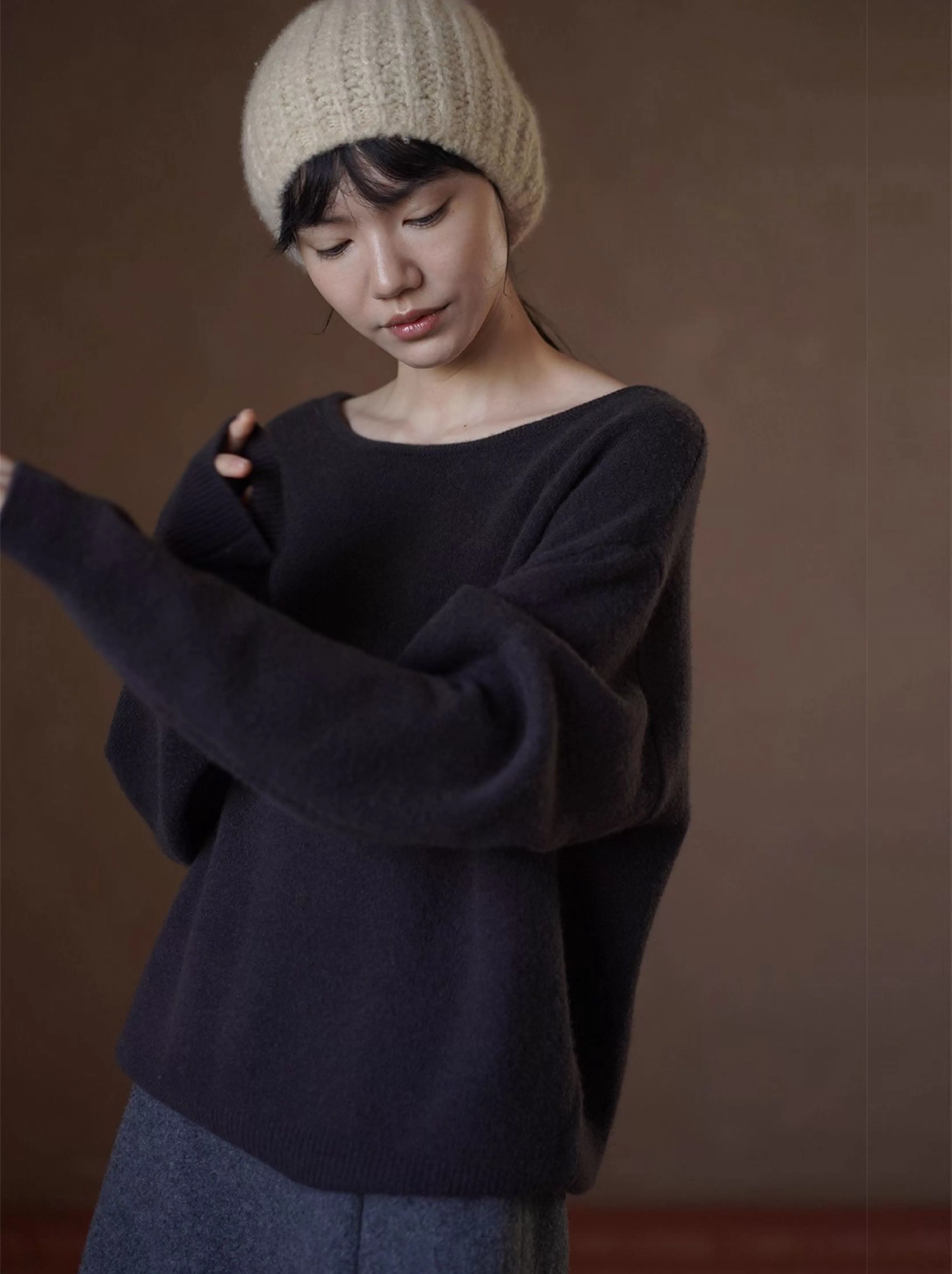 溫柔實用100羊毛窄邊收針一字領寬鬆慵懶顯瘦通勤毛衣女