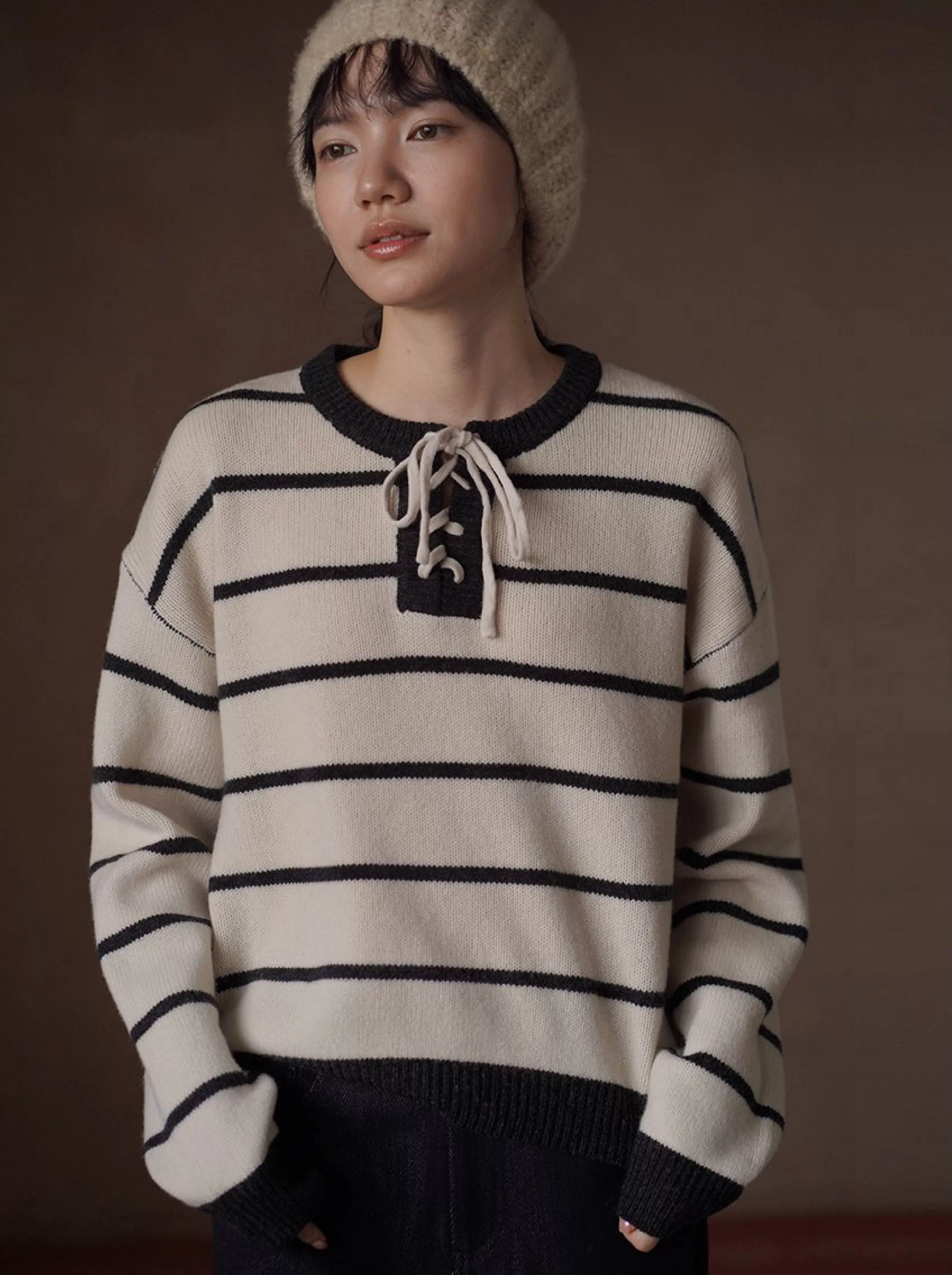 復古水手條紋上衣軟糯100羊毛綁帶門襟設計寬鬆顯瘦毛衣