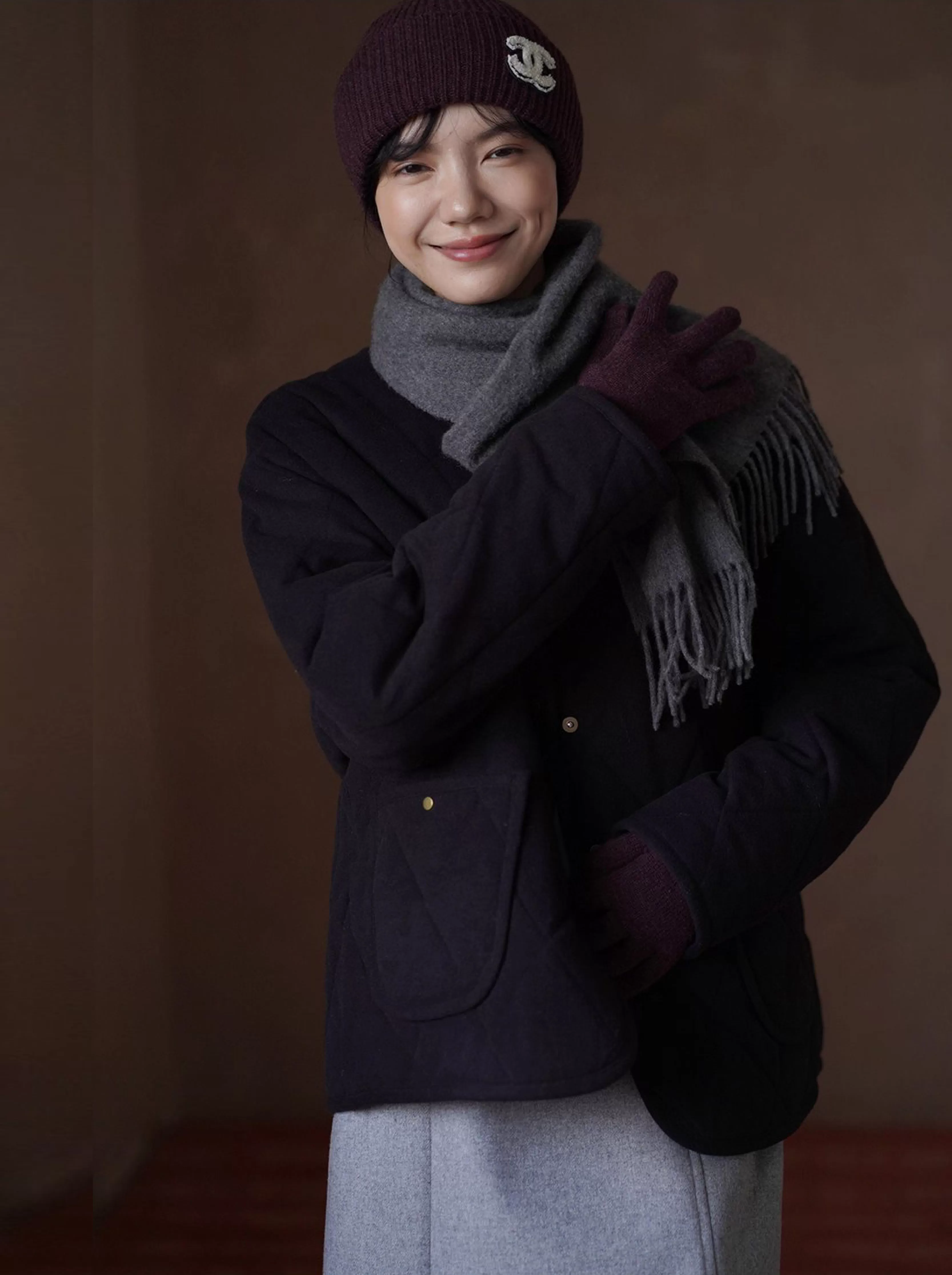 精緻復古細膩毛感肌理薄呢菱形格絎棉保暖寬鬆棉襖外套