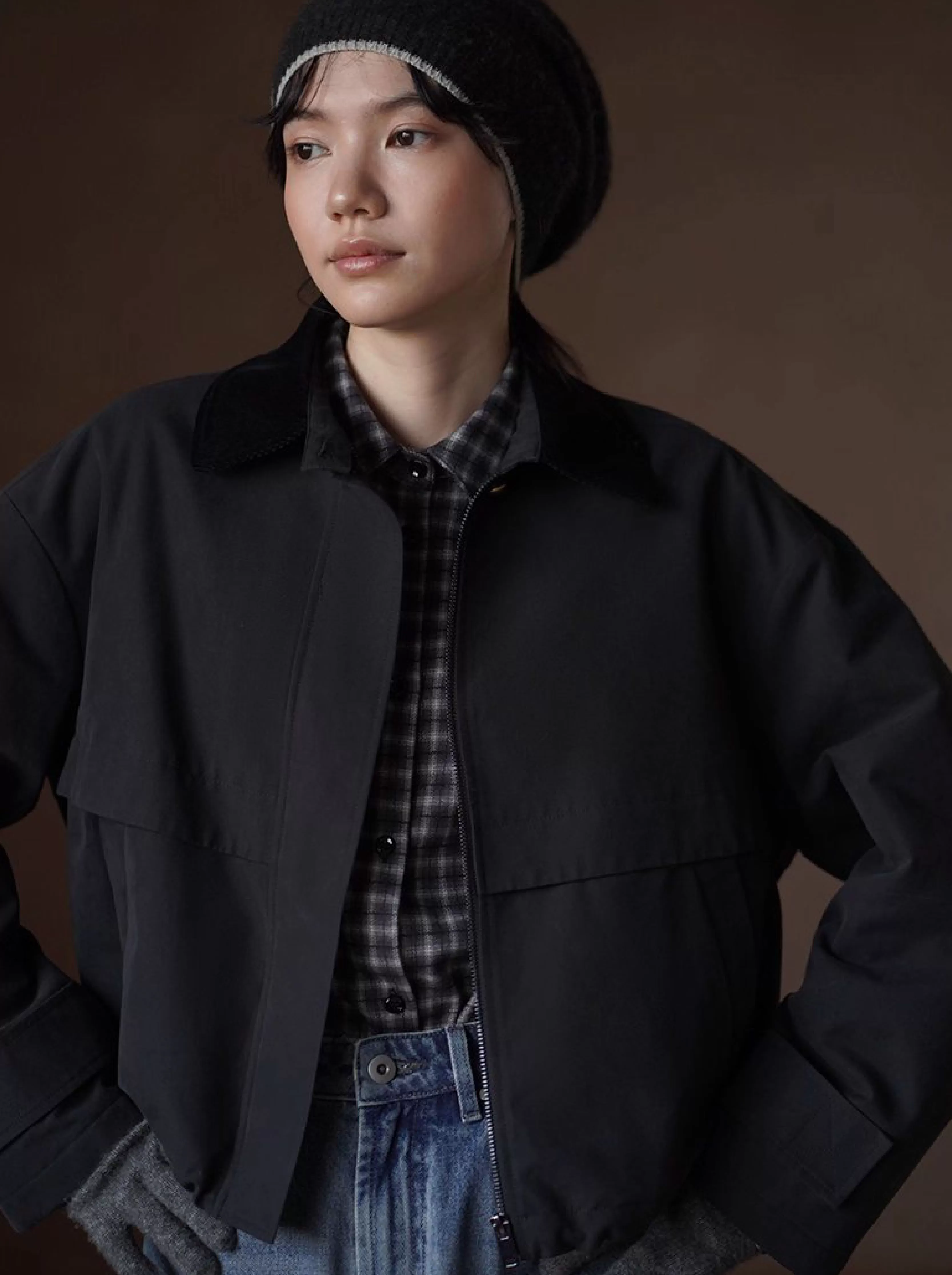 巴恩風拼接燈芯絨翻領夾棉加厚短版顯瘦棉襖工裝外套女