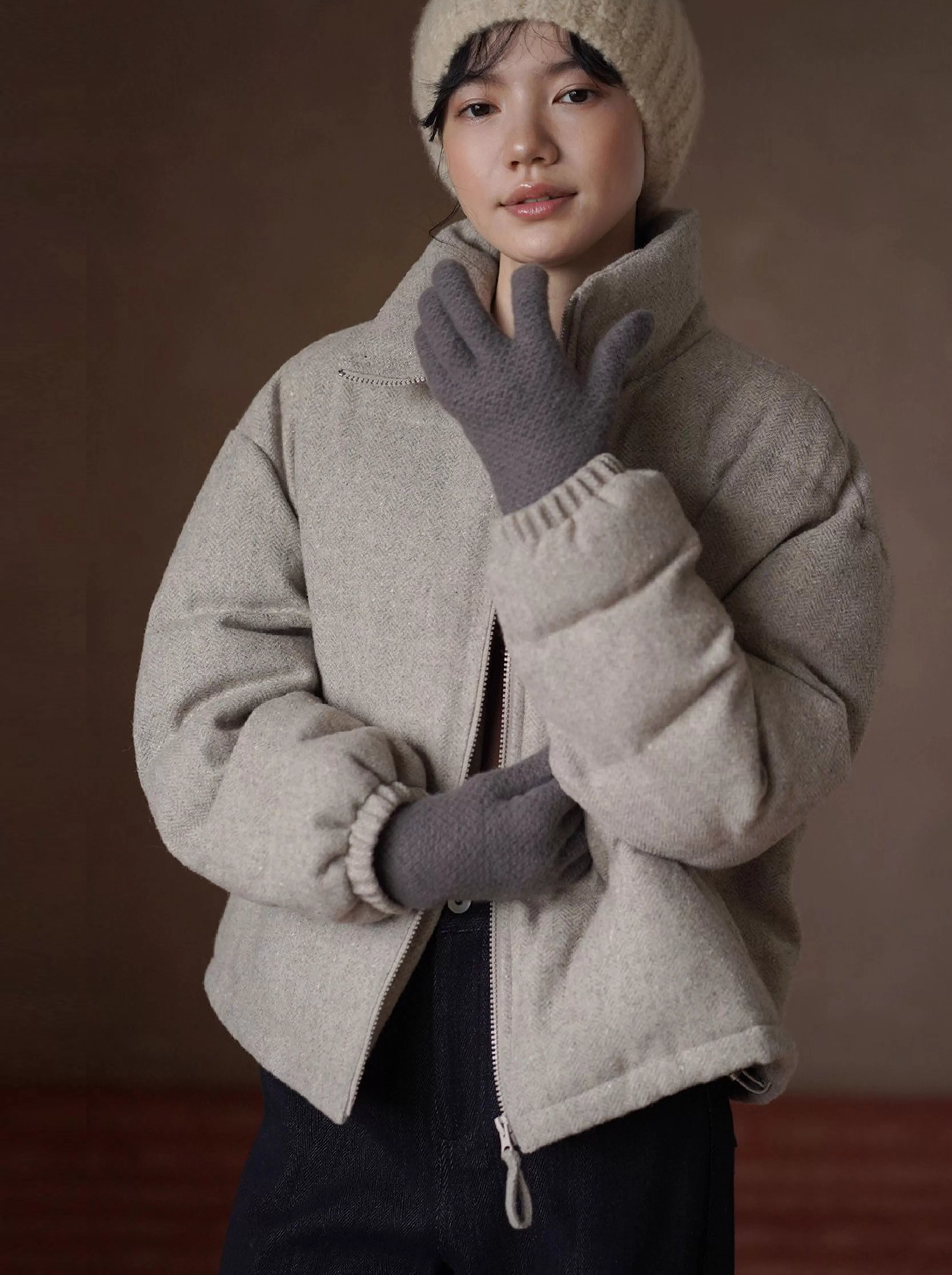 冬日盧森堡保暖外套羊毛夾花人字紋加厚短款休閒棉服女