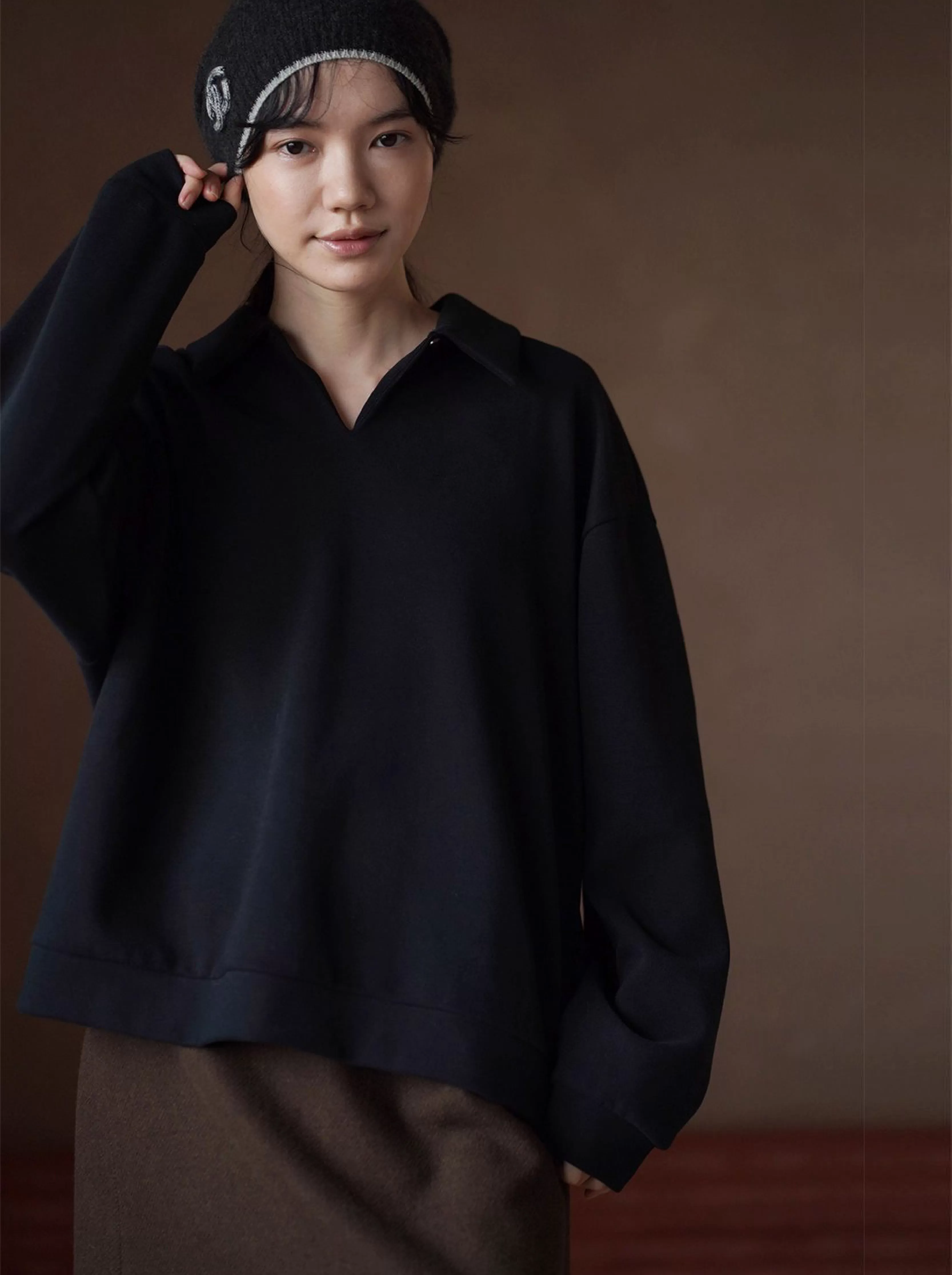 綿軟空氣層上衣經典POLO領寬鬆落肩顯瘦內搭休閒衛衣女