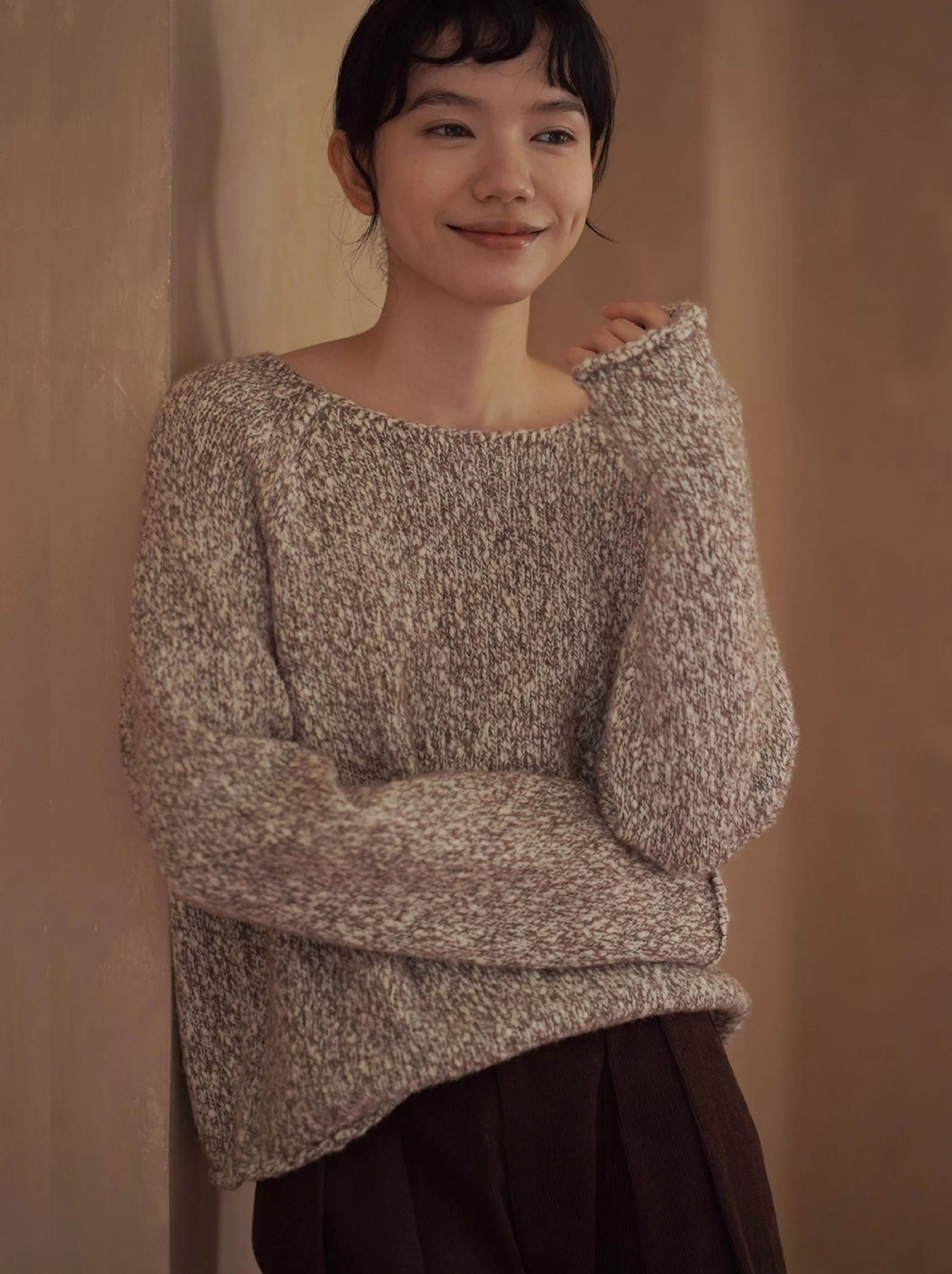 拉花肌理感雜色羊毛豆豆紗寬鬆顯瘦船領休閒捲邊毛衣女