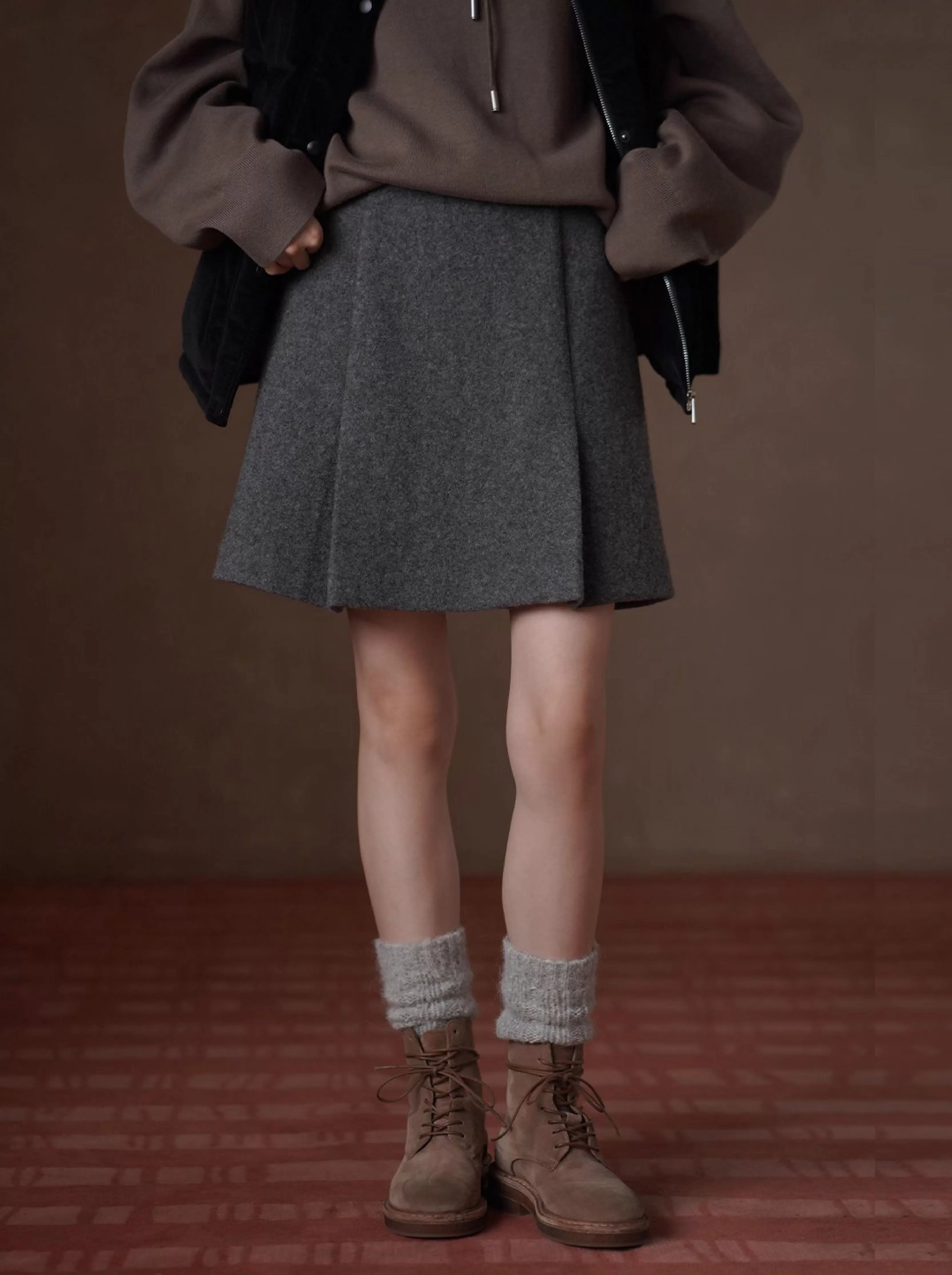 高羊毛粗呢料挺括厚實A字高腰工字褶顯瘦短款半身裙女