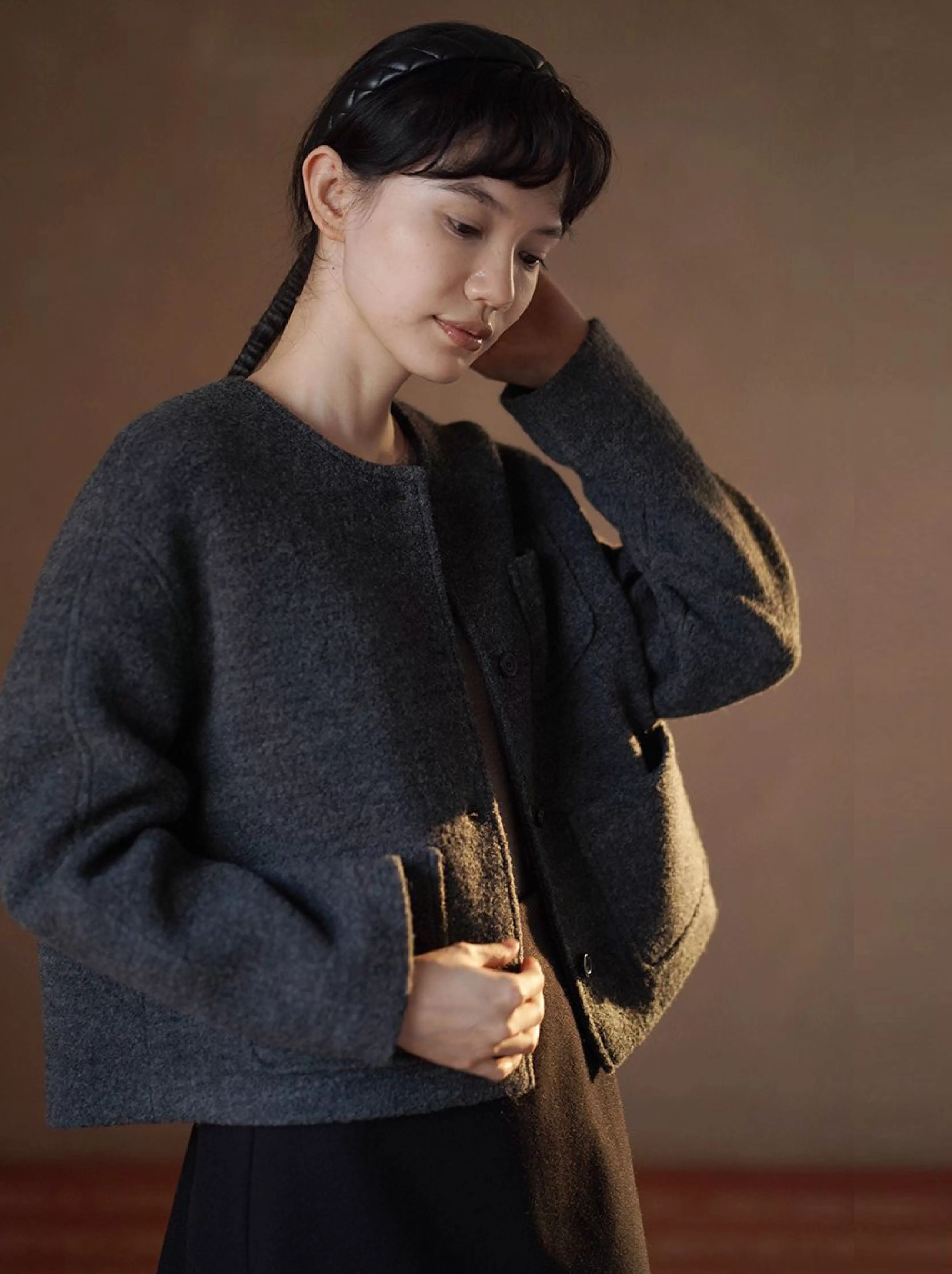 高克重高比例羊毛立絨毛呢外套短款圓領通勤顯瘦大衣女