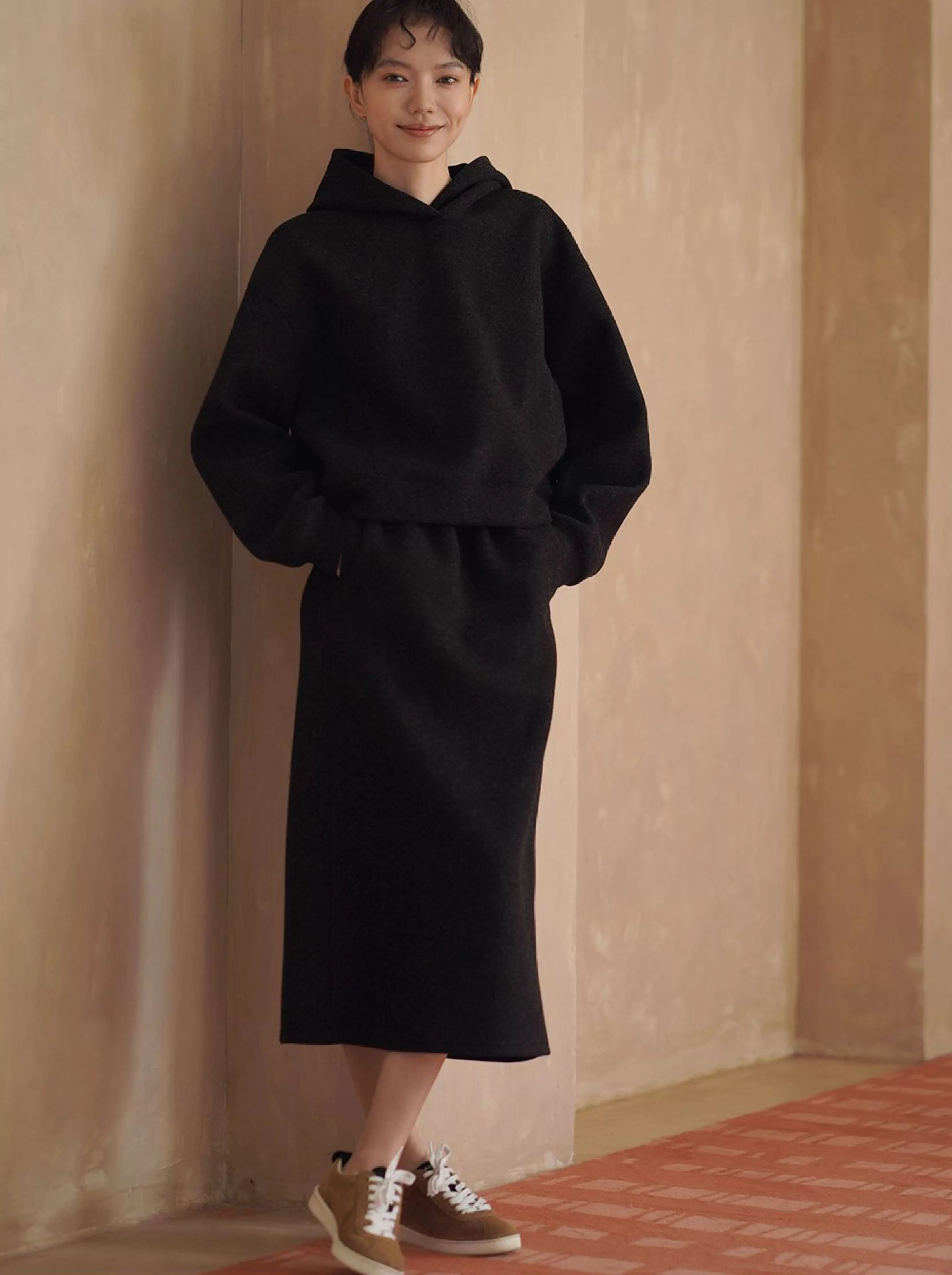 懶人時髦感加厚毛呢感連帽衛衣高腰半身裙顯瘦百搭套裝