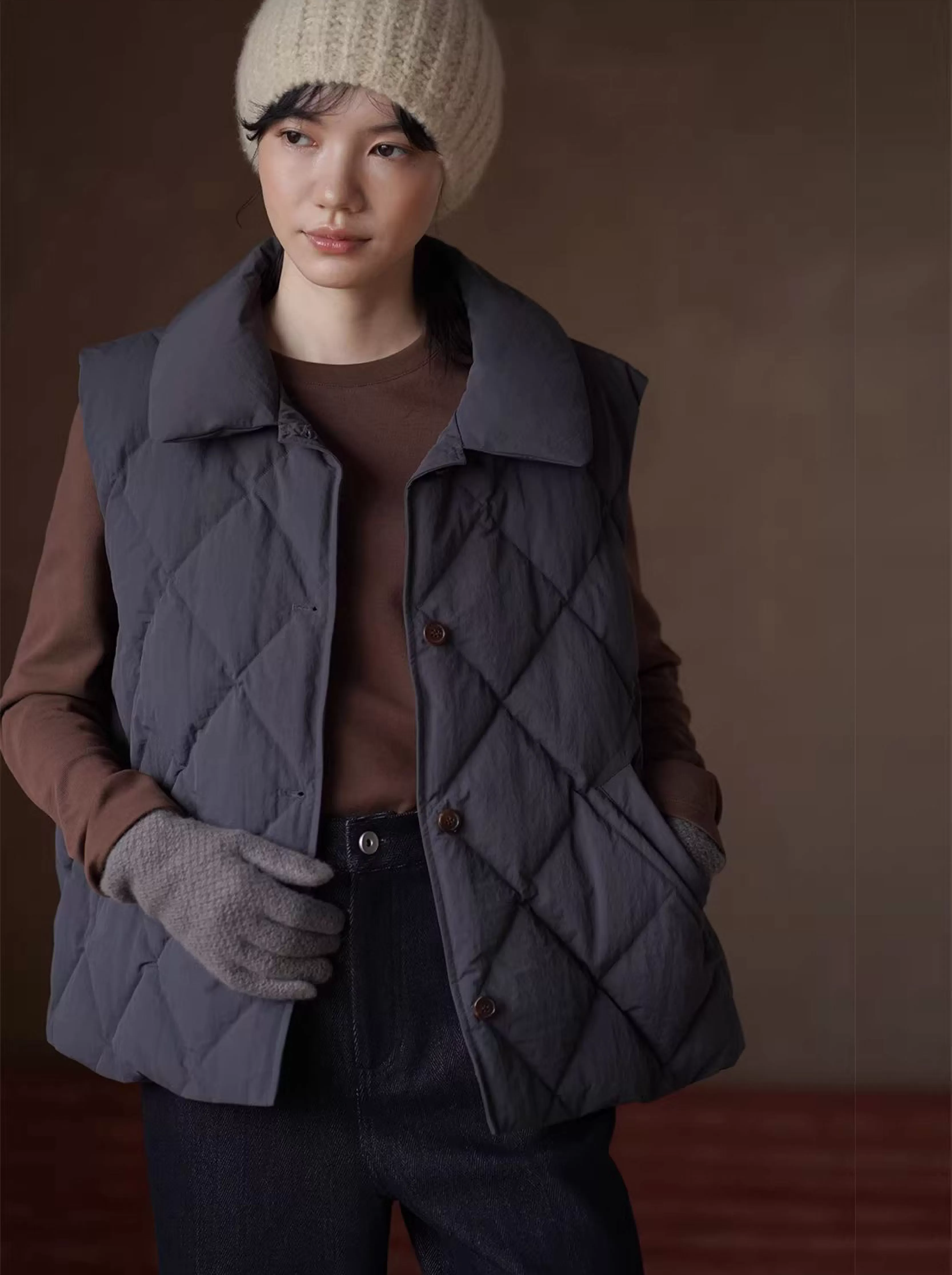 出色疊穿做舊復古菱格絎縫夾棉保暖翻領寬鬆休閒馬甲女