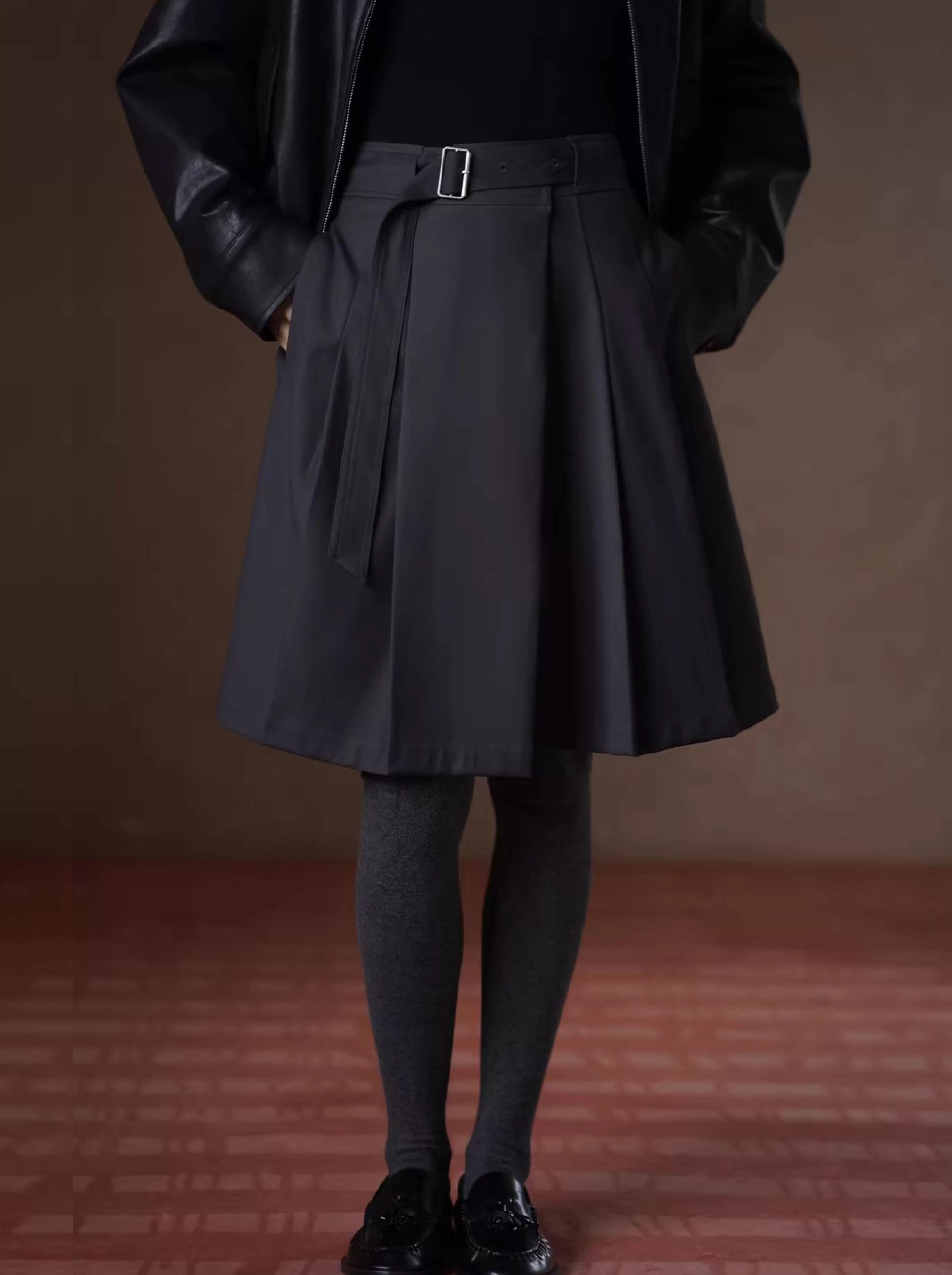 進階書呆子百褶裙高腰可調整顯瘦A字復古遮肉通勤半身裙