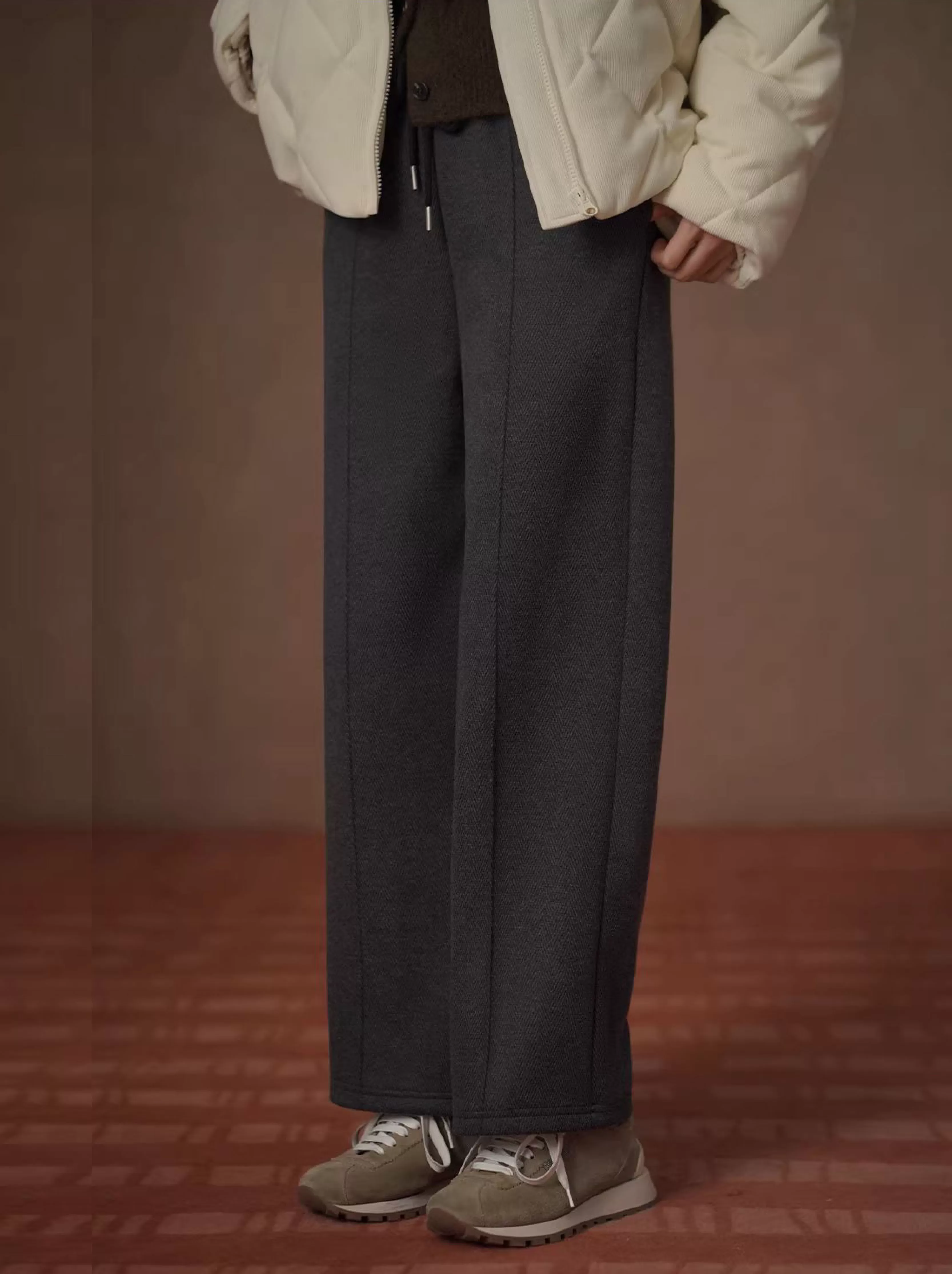 抗凍b備高回彈嬰兒絨鬆緊高腰人字紋顯瘦運動寬鬆長褲女