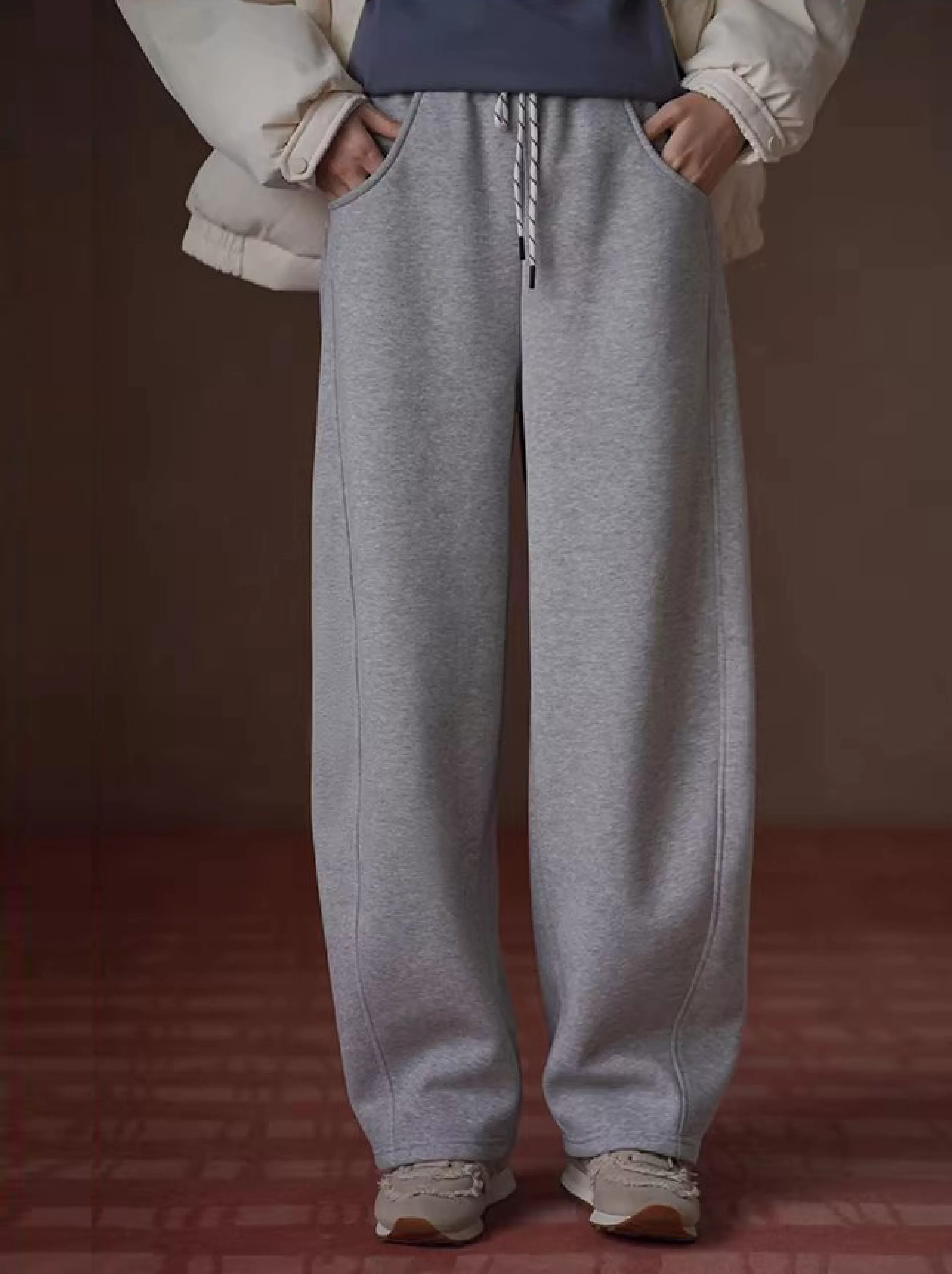 溫暖加倍仿羊絨加絨加厚立體顯瘦分割高腰寬鬆運動長褲