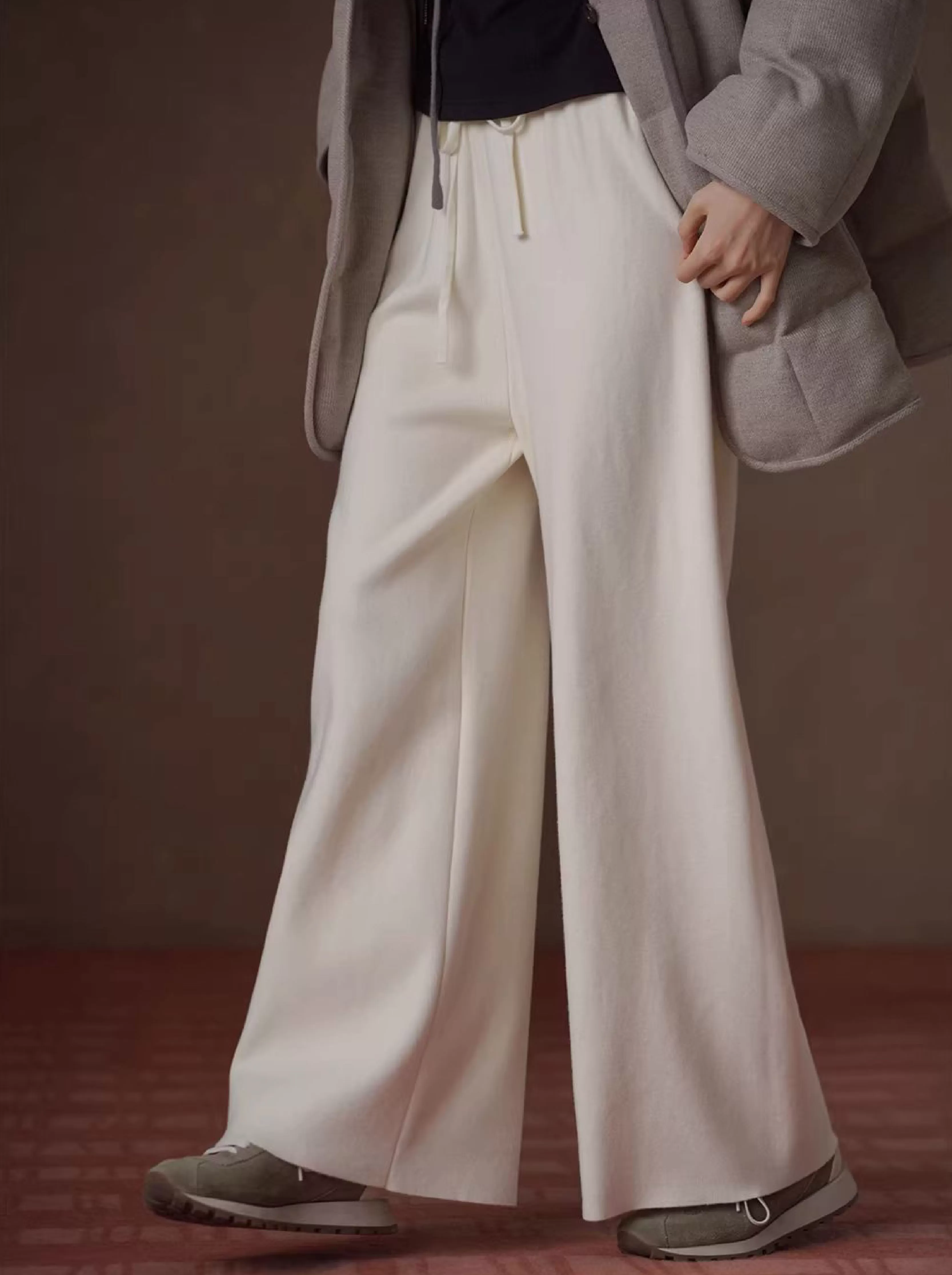 溫柔鬆弛寬鬆高支羊毛混紡高腰鬆緊針織褲顯瘦通勤長褲