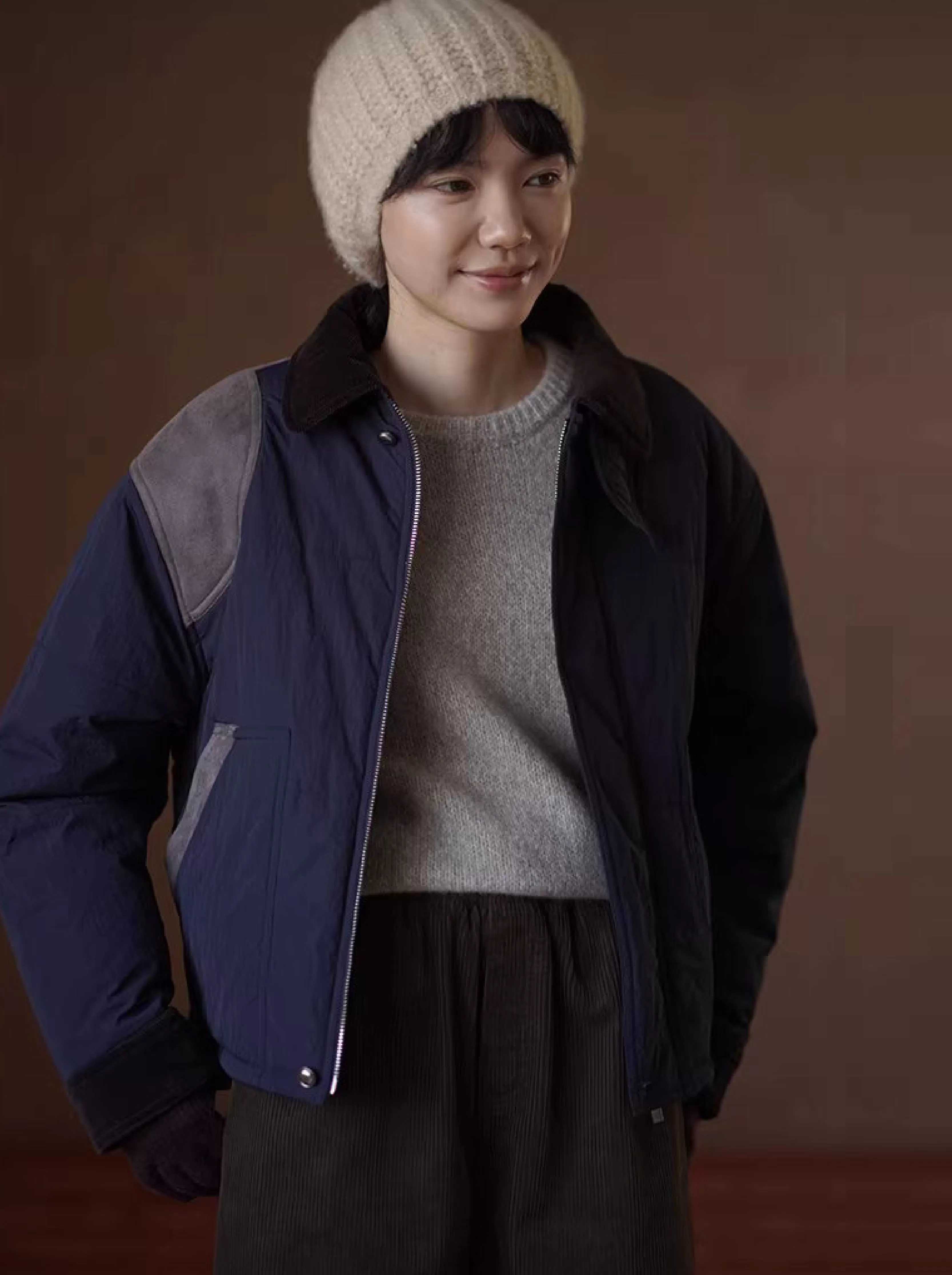 跳蚤市集復古撞色麂皮拼接燈芯絨翻領微寬鬆棉服短外套