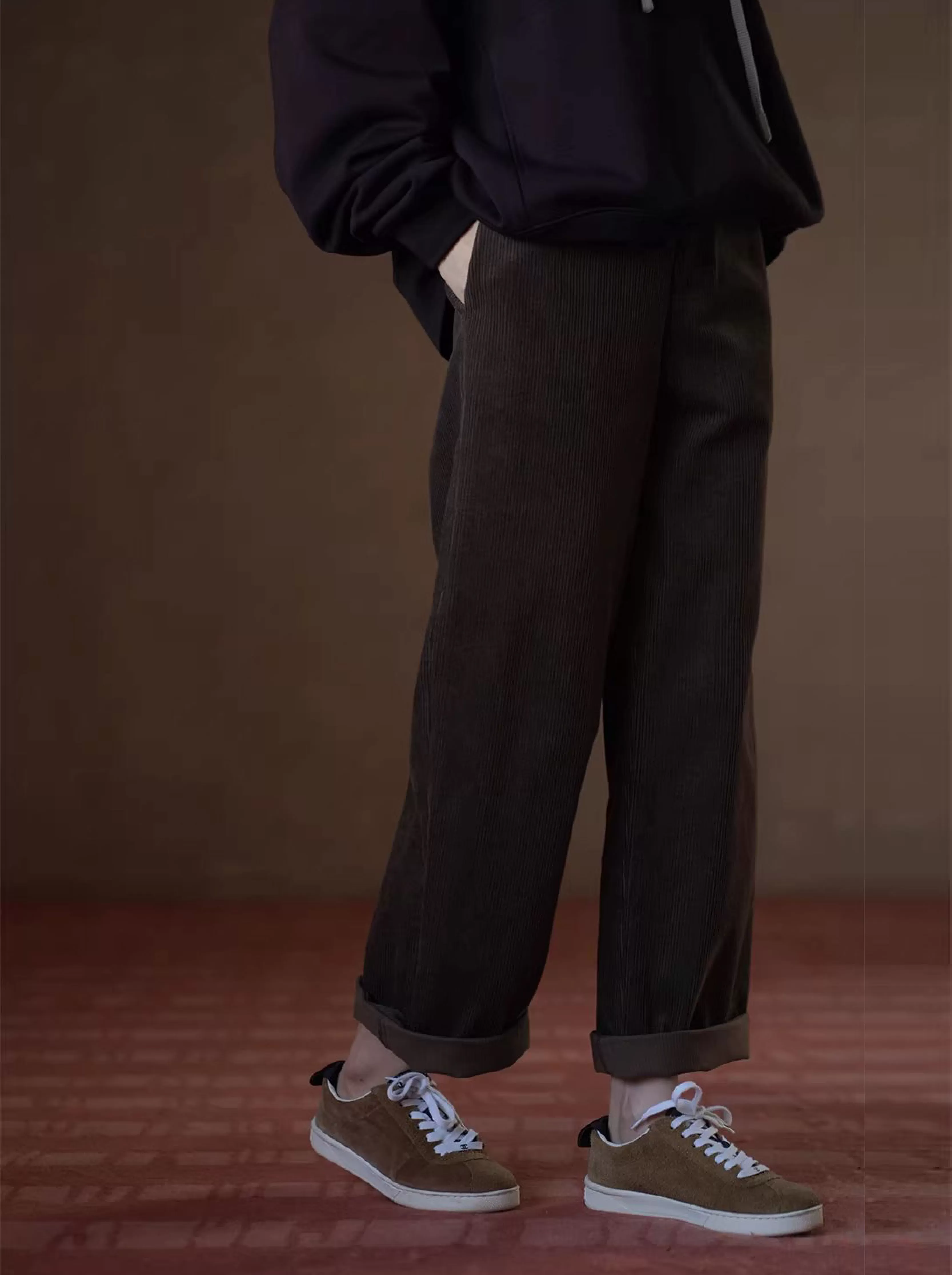 定染精品燈芯絨割緯起絨工藝復古直筒高腰寬鬆顯瘦長褲