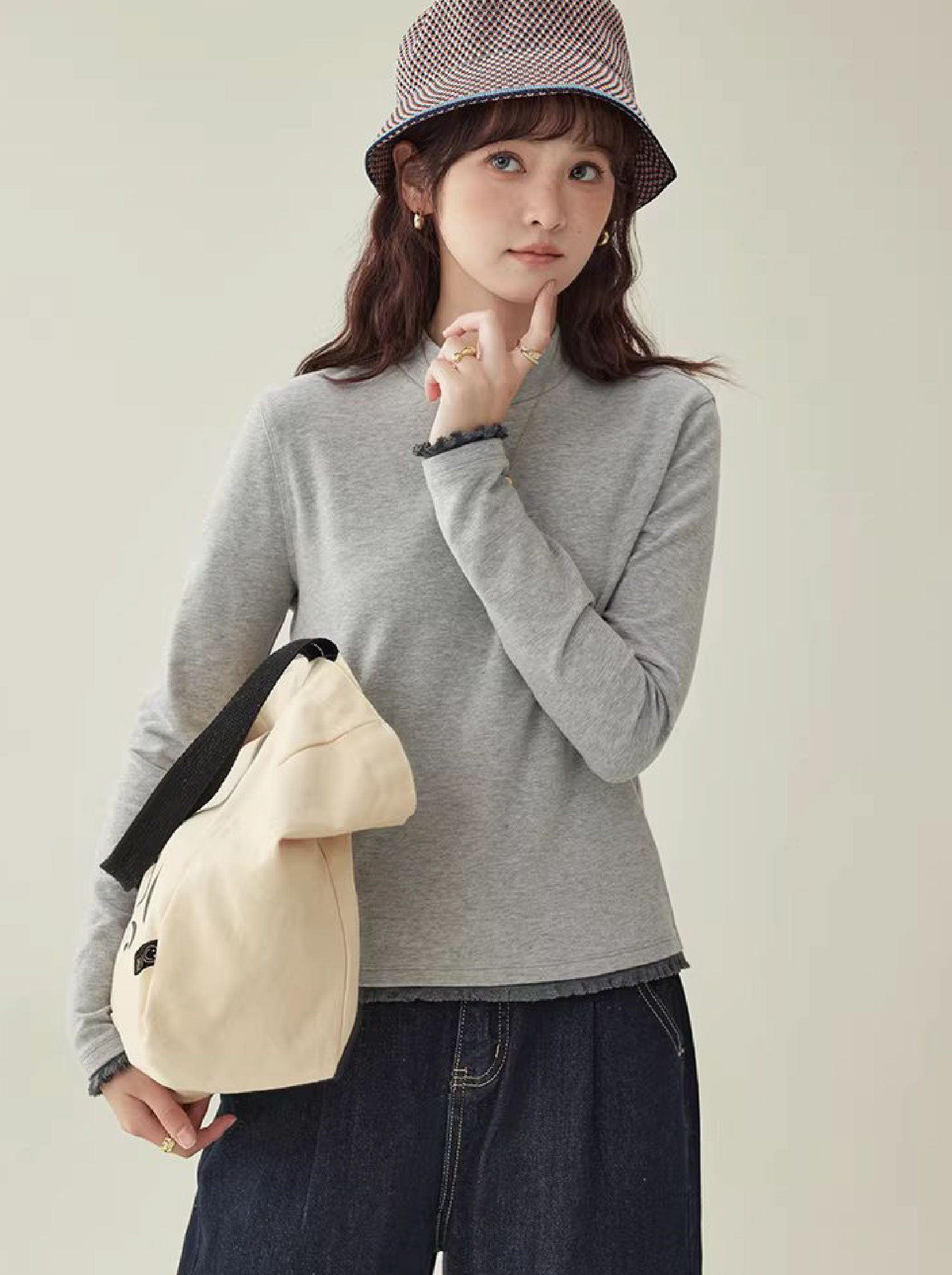 拼接螺紋邊半高領厚T恤女冬季新款灰色內搭上衣