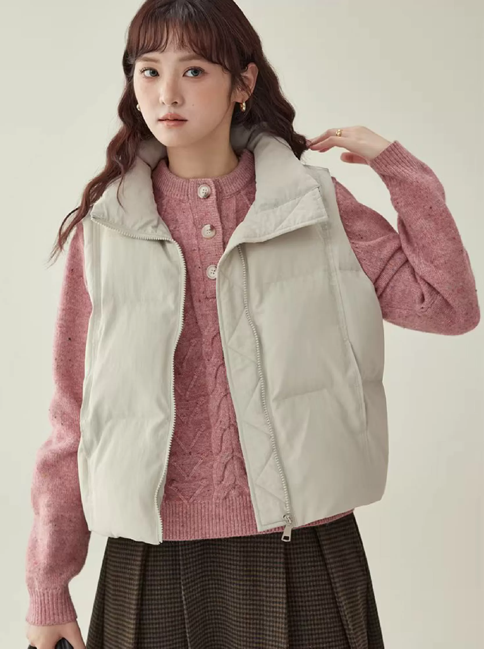 韓系純色無袖拉鍊棉服女冬新款立領馬甲疊穿外套