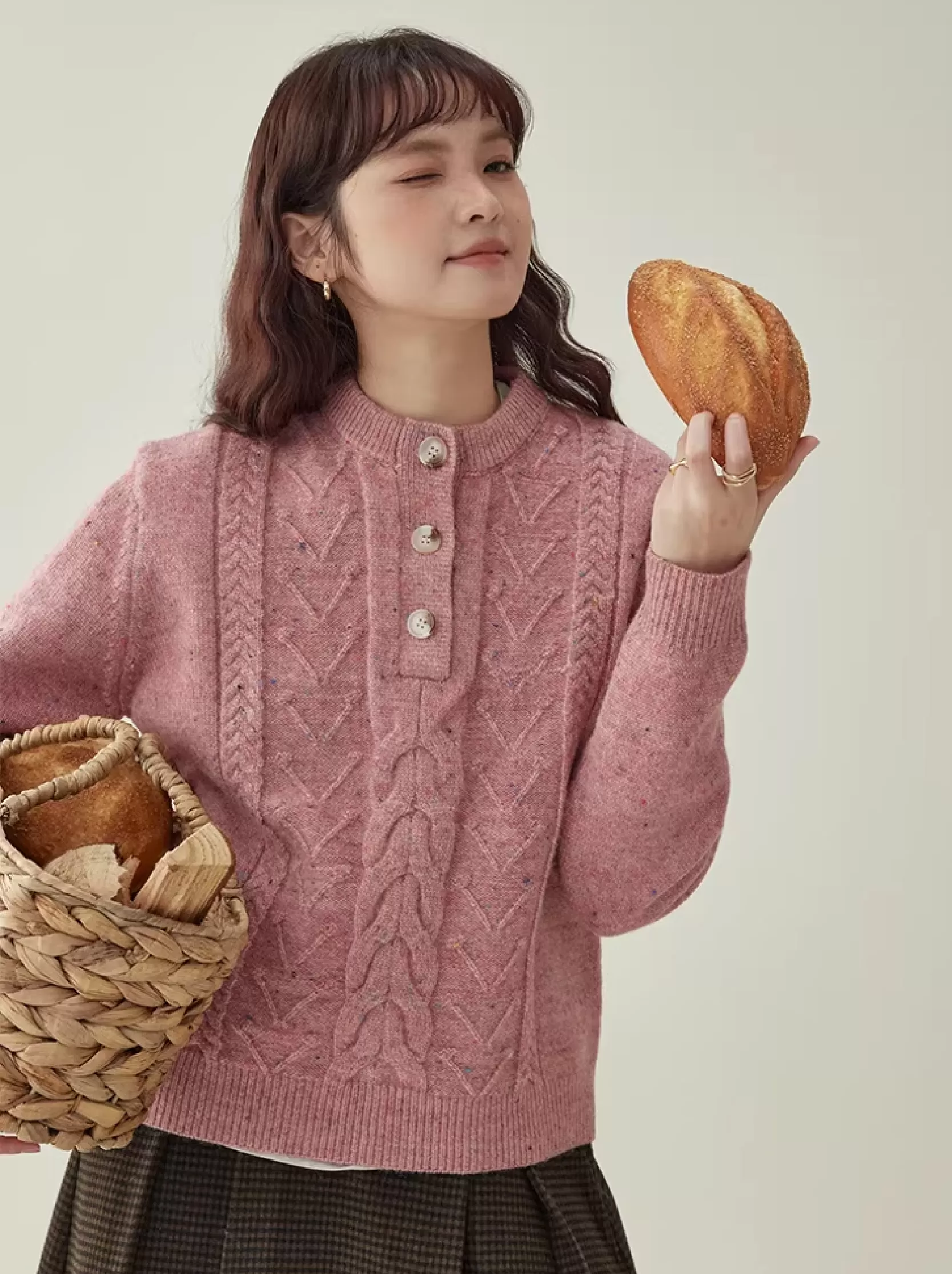 半開領麻花羊毛毛衣女冬季新款甜美彩點長袖上衣