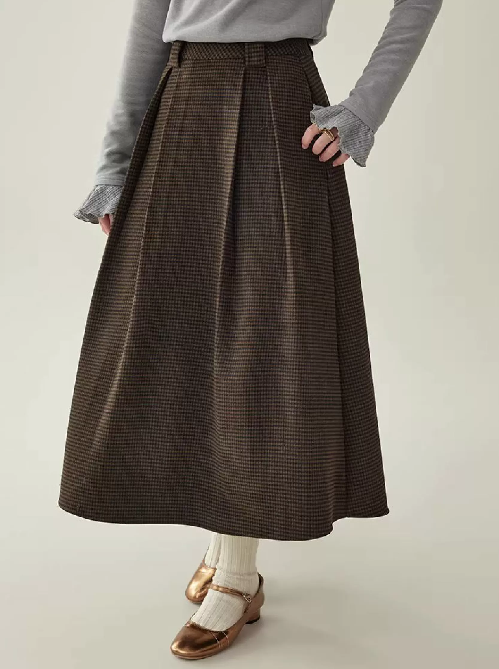 復古壓褶格紋高腰半身裙女25冬季新款a字中長裙