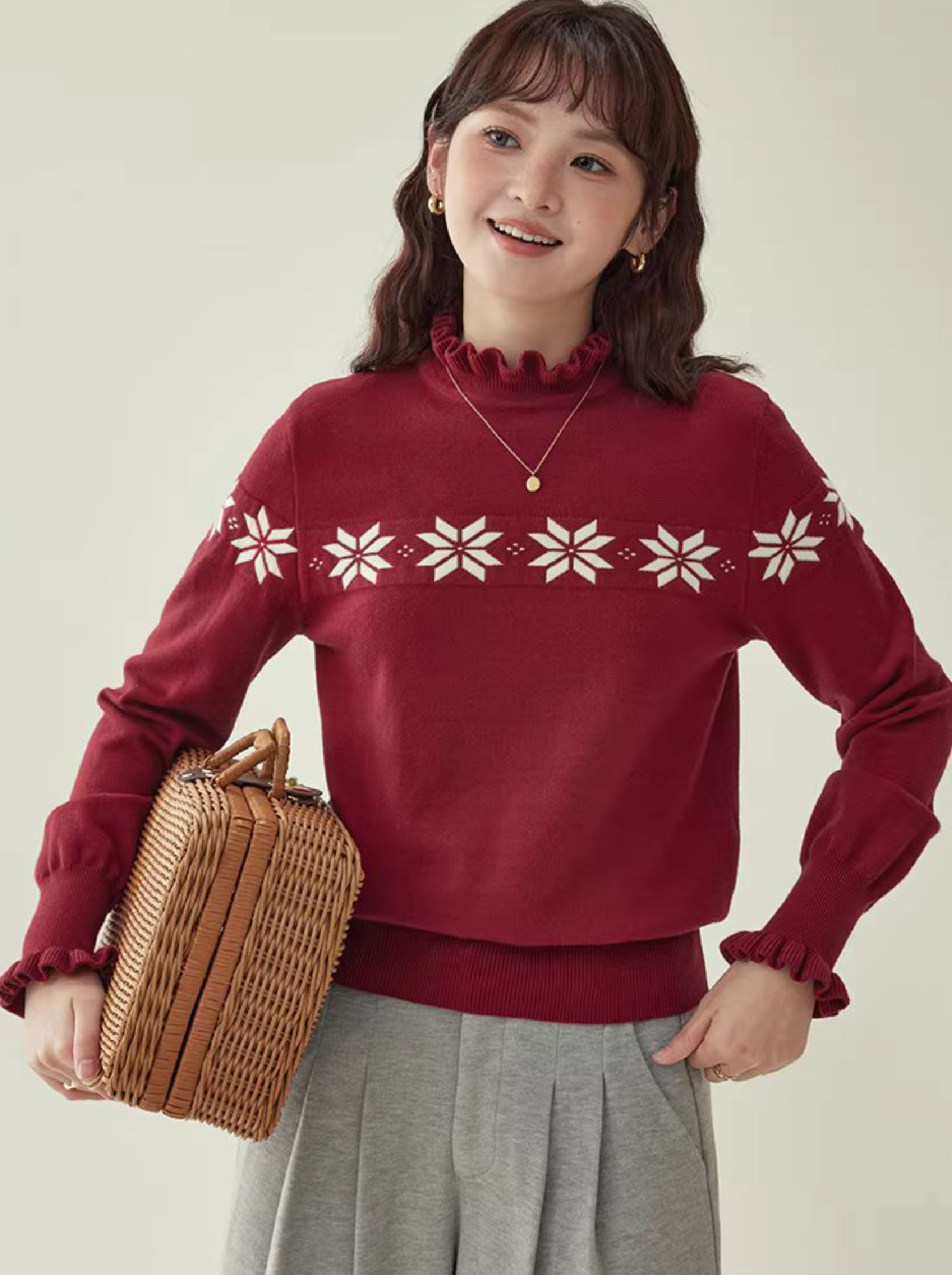 減齡紅色木耳邊雪花針織衫女冬新款內搭長袖上衣