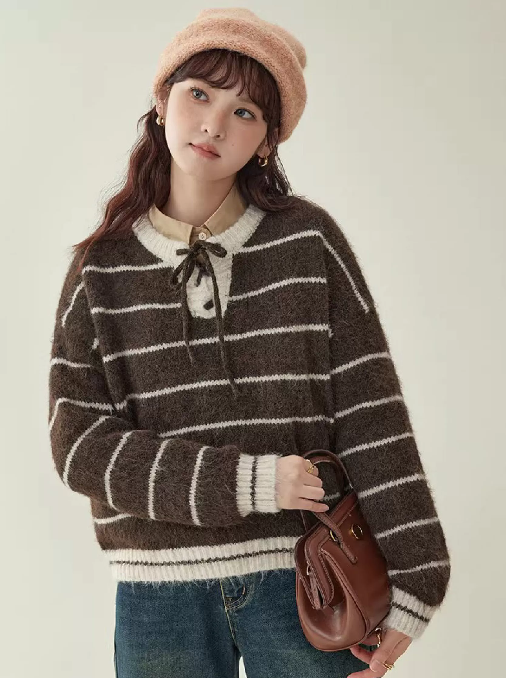 撞色條紋綁帶圓領羊毛毛衣女冬季新款甜美落肩袖上衣