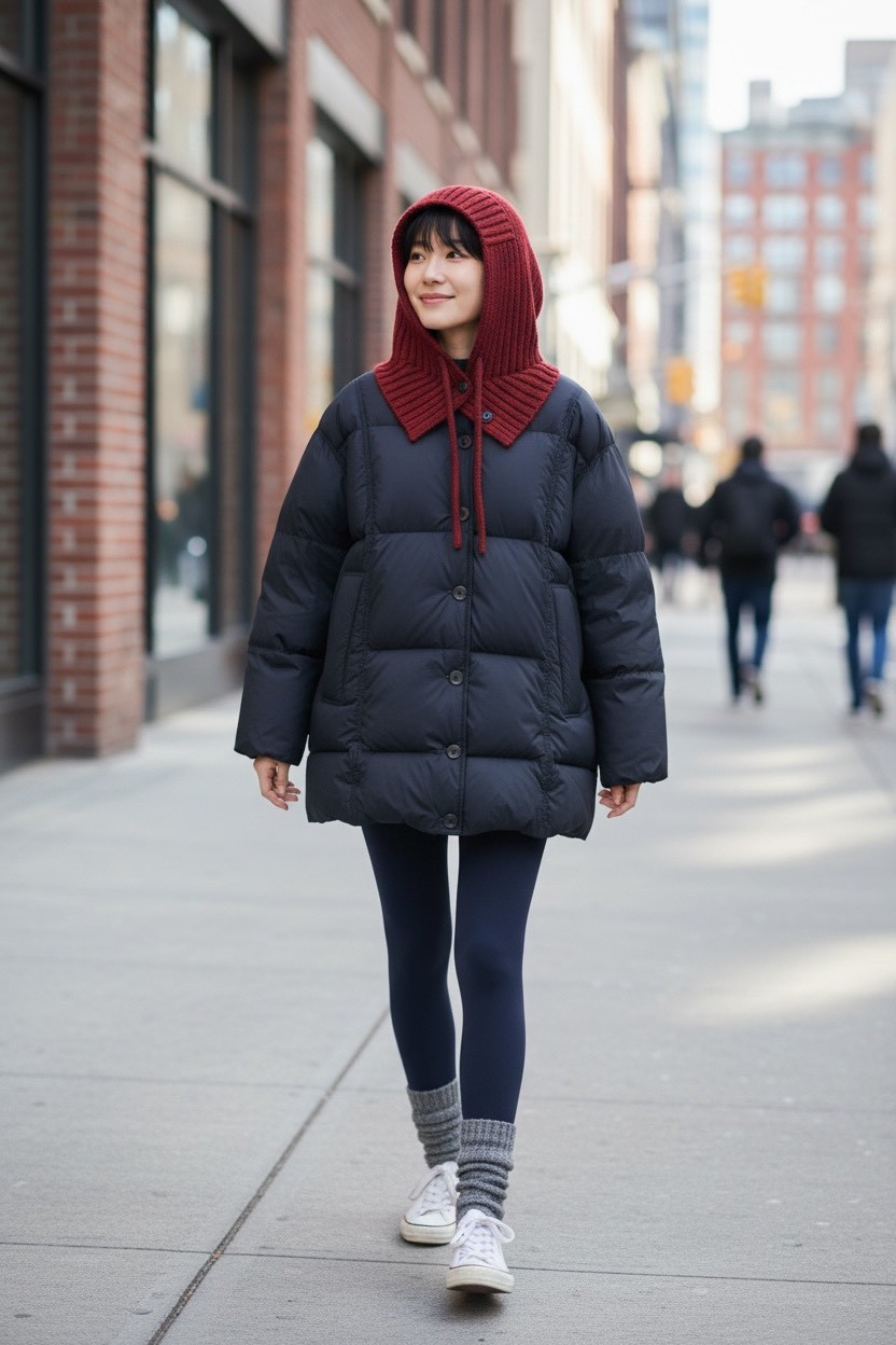 針織連帽拼接加厚羽絨外套冬季寬鬆毛帽麵包服外套