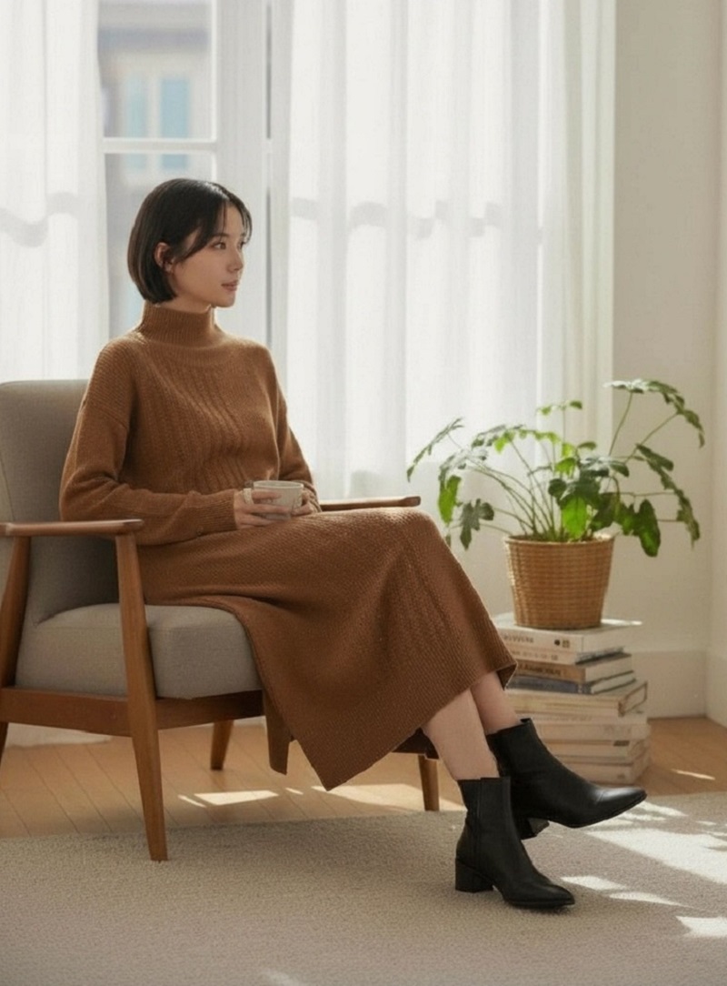 秋冬慵懶半高領長款寬鬆打底毛衣裙過膝針織連身裙