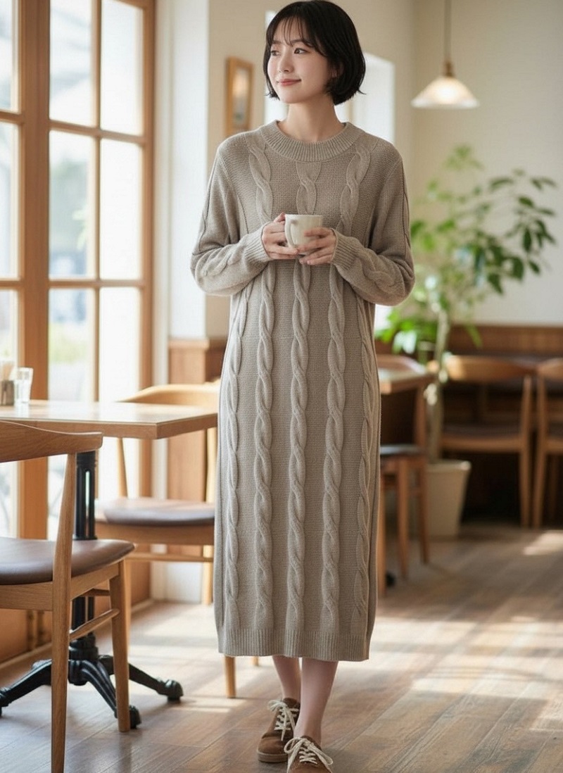 修身顯瘦麻花紋毛衣洋裝女冬季百搭通勤連衣裙