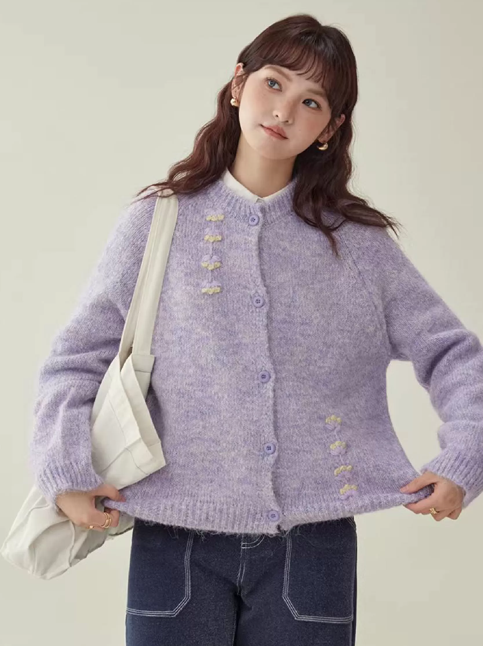 溫柔紫色小花羊毛毛衣開襟女冬新款圓領紐帶長袖上衣