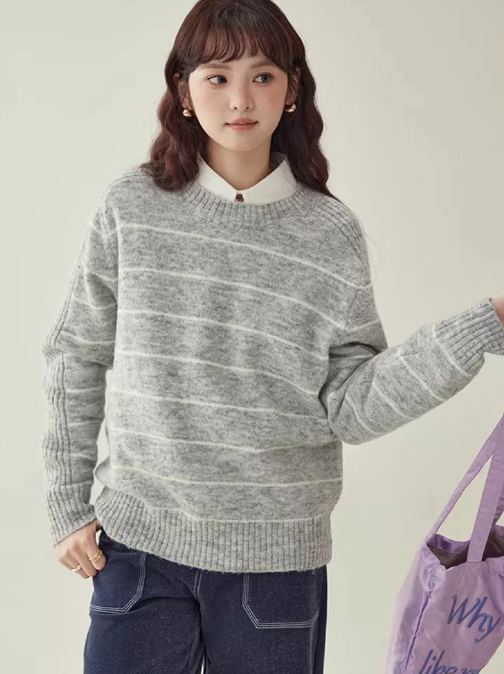 日繫條紋長袖羊毛絨毛衣女冬季新款通勤寬鬆上衣