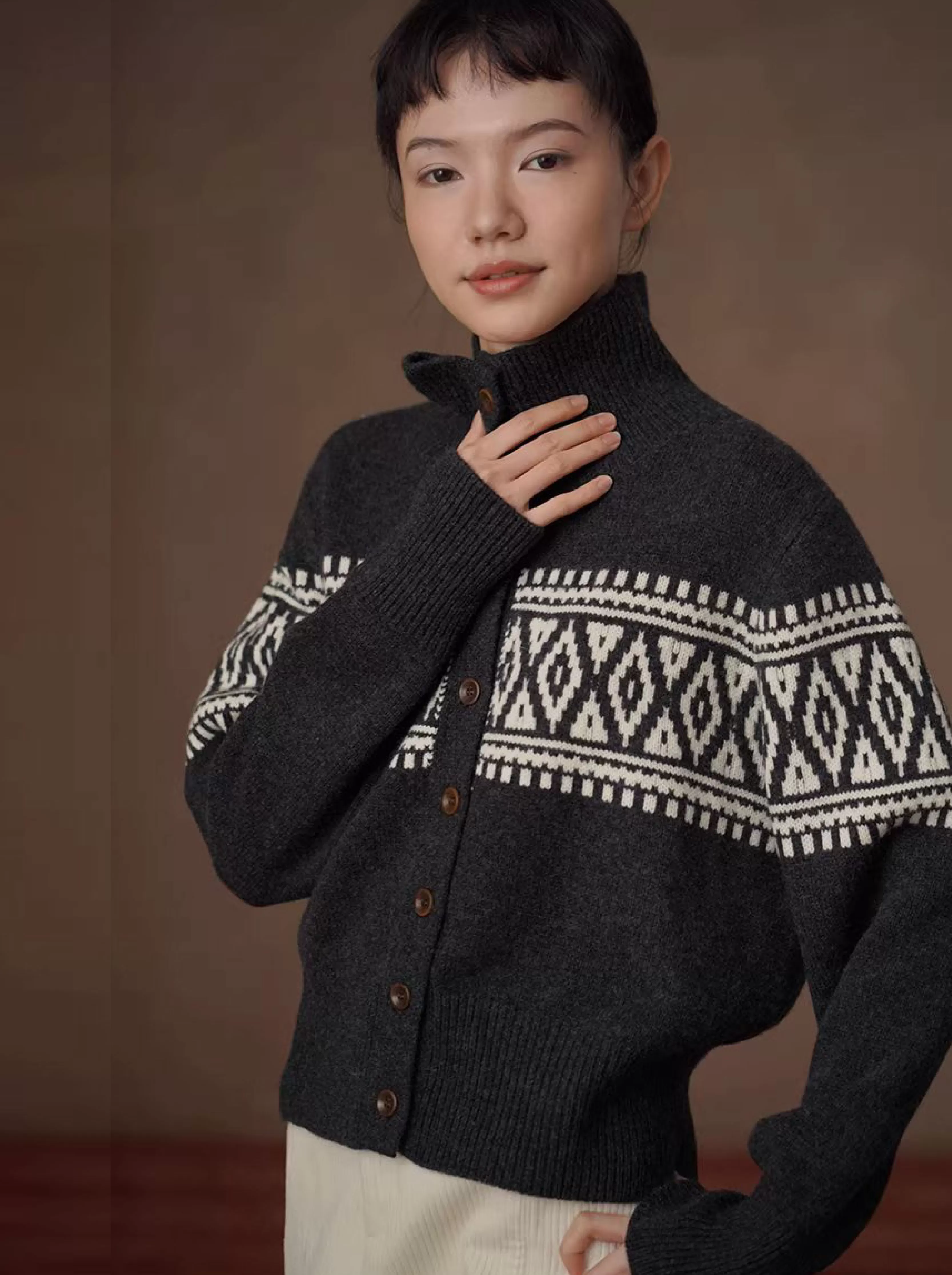 冬日經典撞色費爾島蓬鬆拉毛100羊毛立領寬鬆毛衣開襟衫女