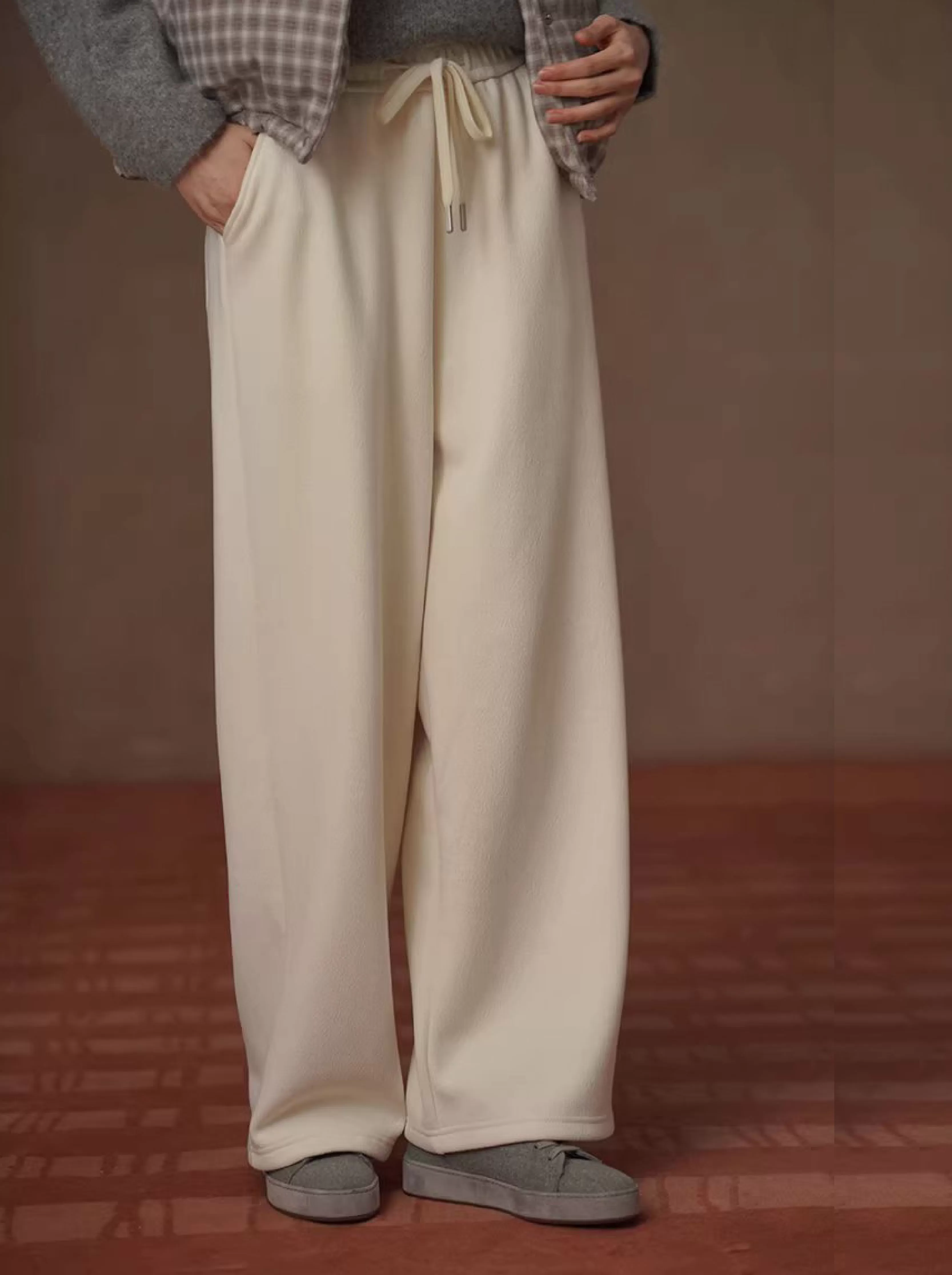 降溫警告加厚保暖雪花絨寬鬆直筒高腰顯瘦慵懶休閒長褲