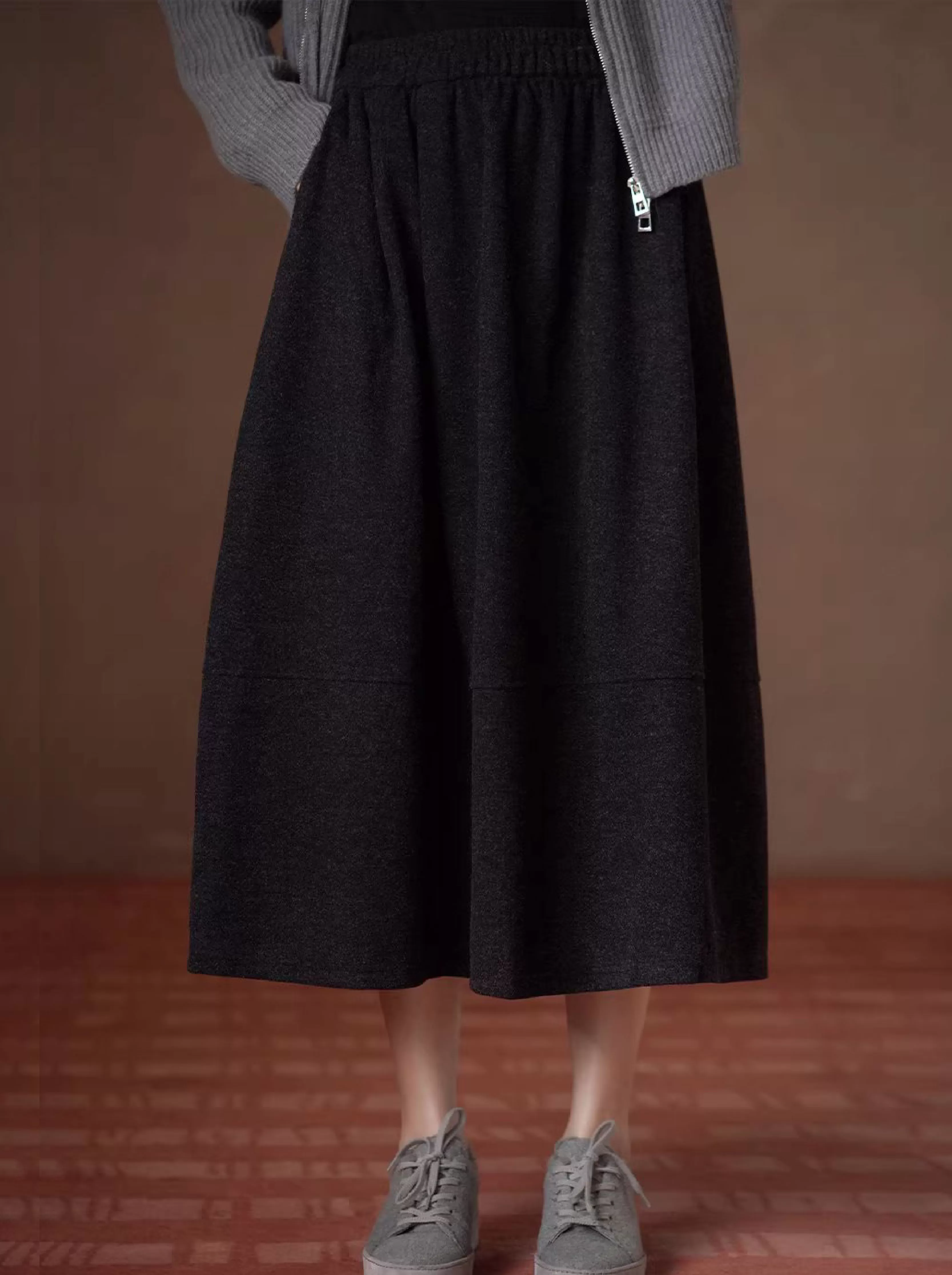 暖冬日常加厚呢料黃金分割剪裁鬆緊高腰顯瘦A字半身裙女