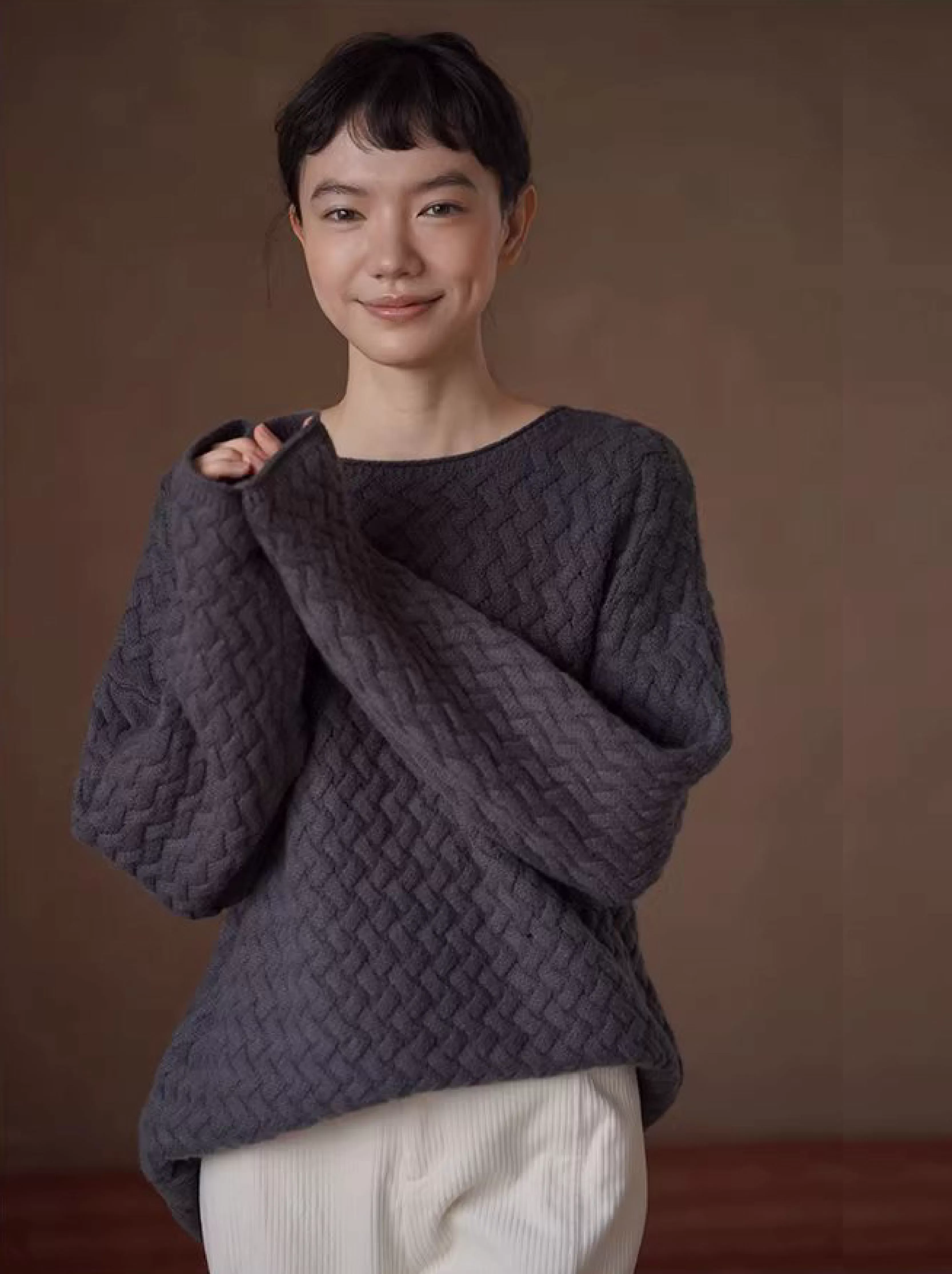 慵懶鬆弛立體編織提花肌理柔軟100羊毛寬鬆顯瘦圓領毛衣