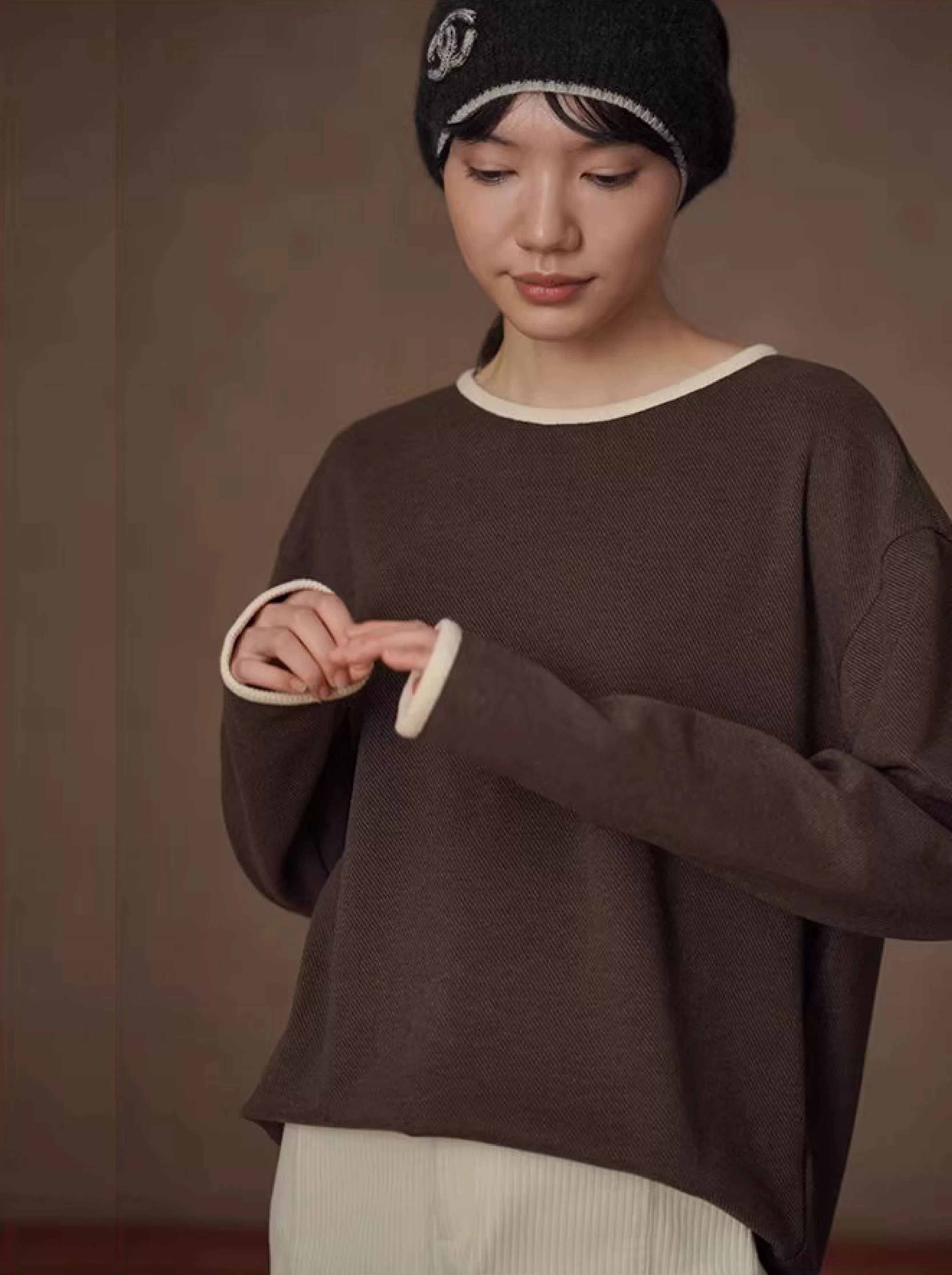 復古撞色織帶拼接抗皺易打理斜紋肌理感寬鬆藏肉上衣女