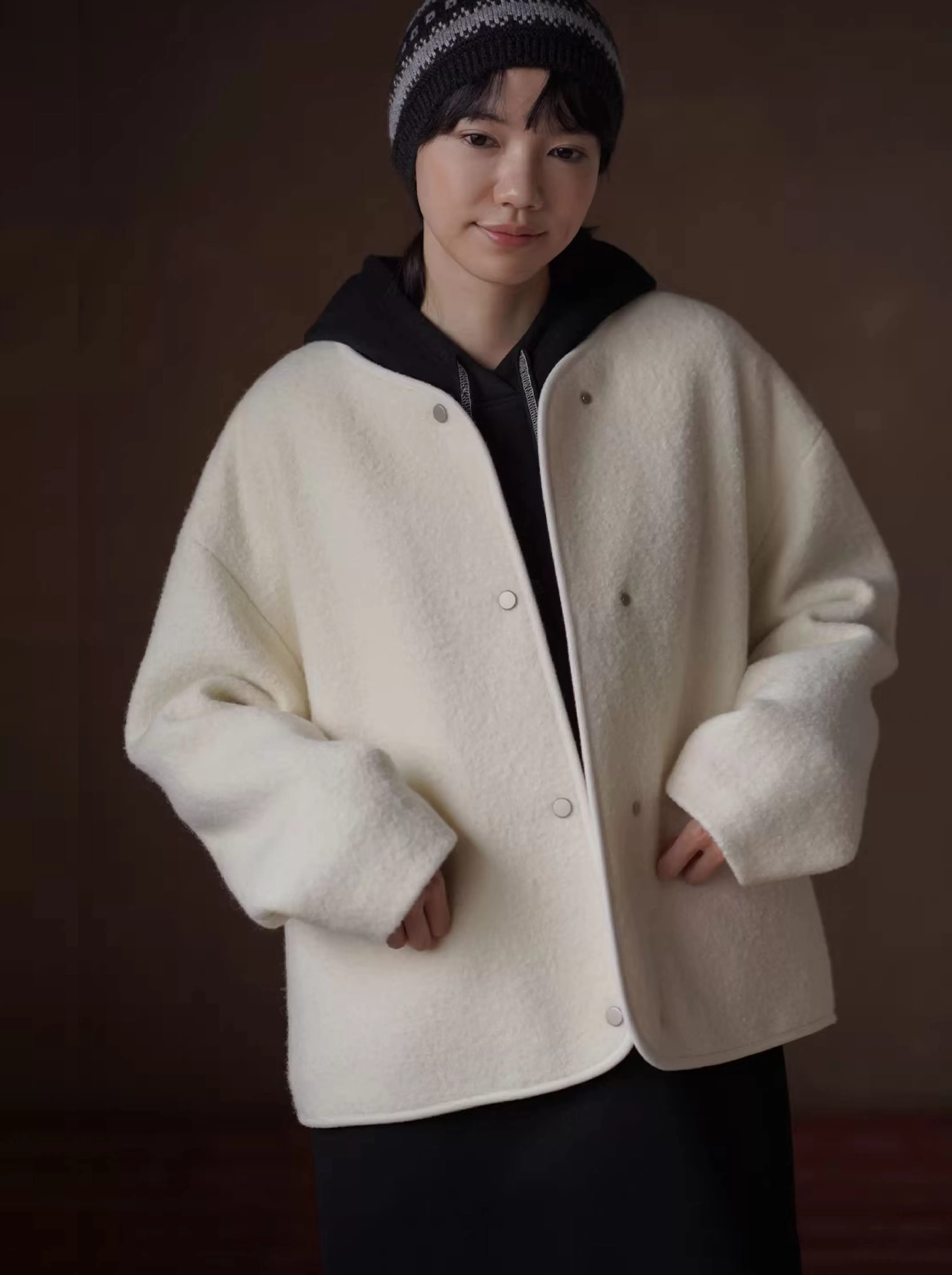 雪霜奶皮子100綿羊毛寬鬆V領保暖絎棉加厚羊羔毛外套女