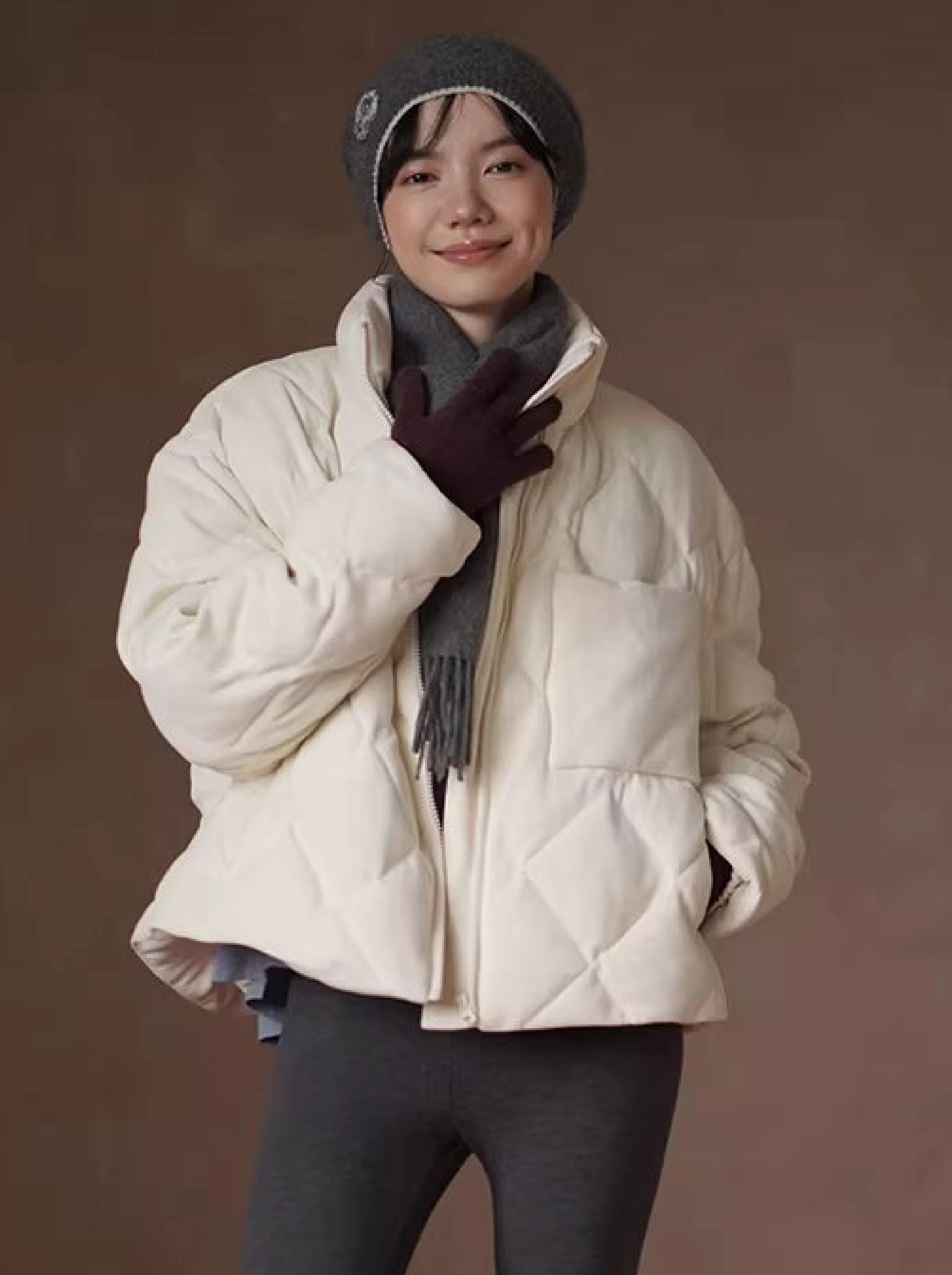 香濃牛乳茶軟糯絨感肌理棉衣立領寬鬆菱格絎棉保暖外套