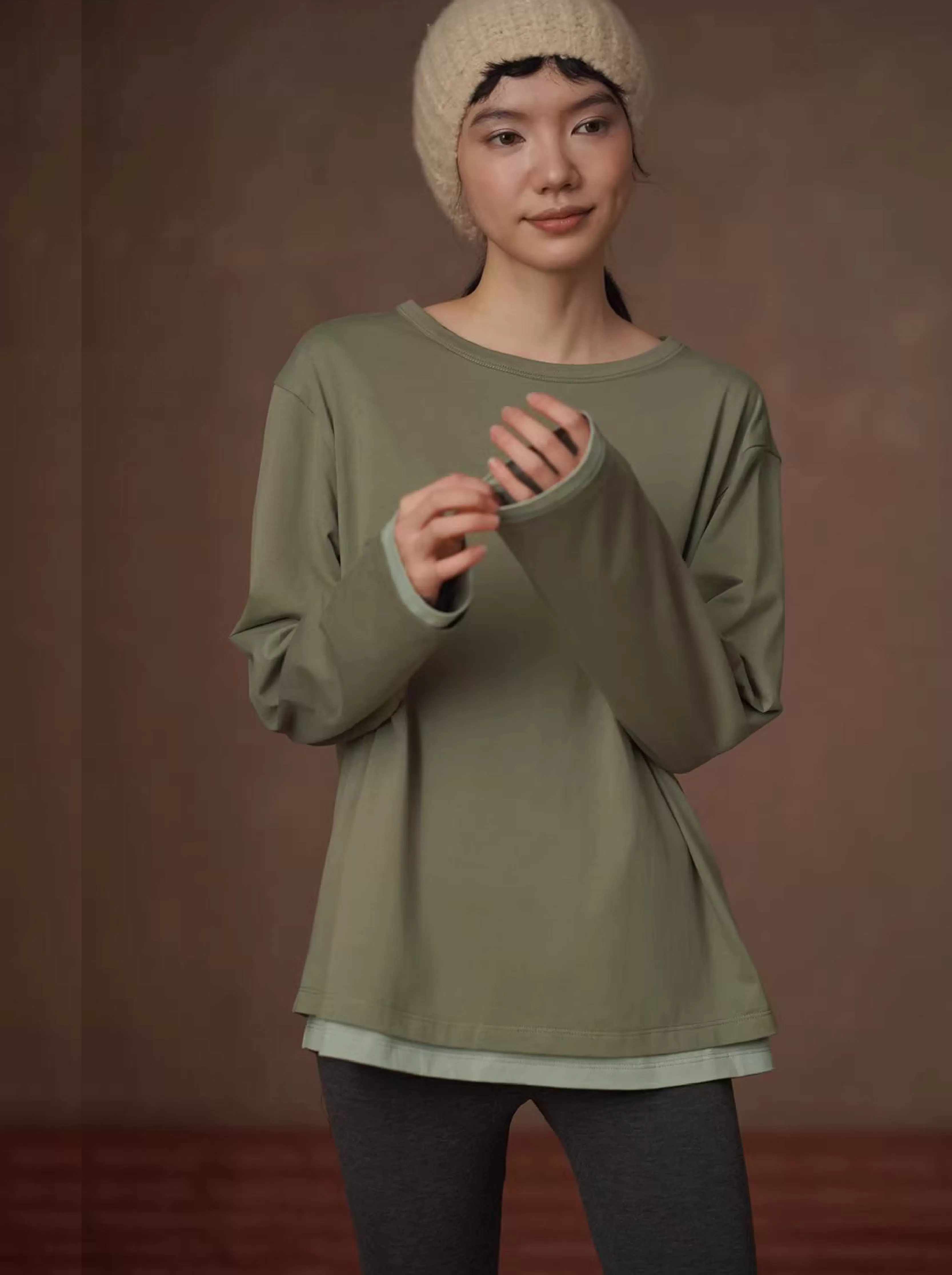 浮萍奶油長袖T假兩件撞色拼接寬鬆圓領內搭顯瘦休閒上衣