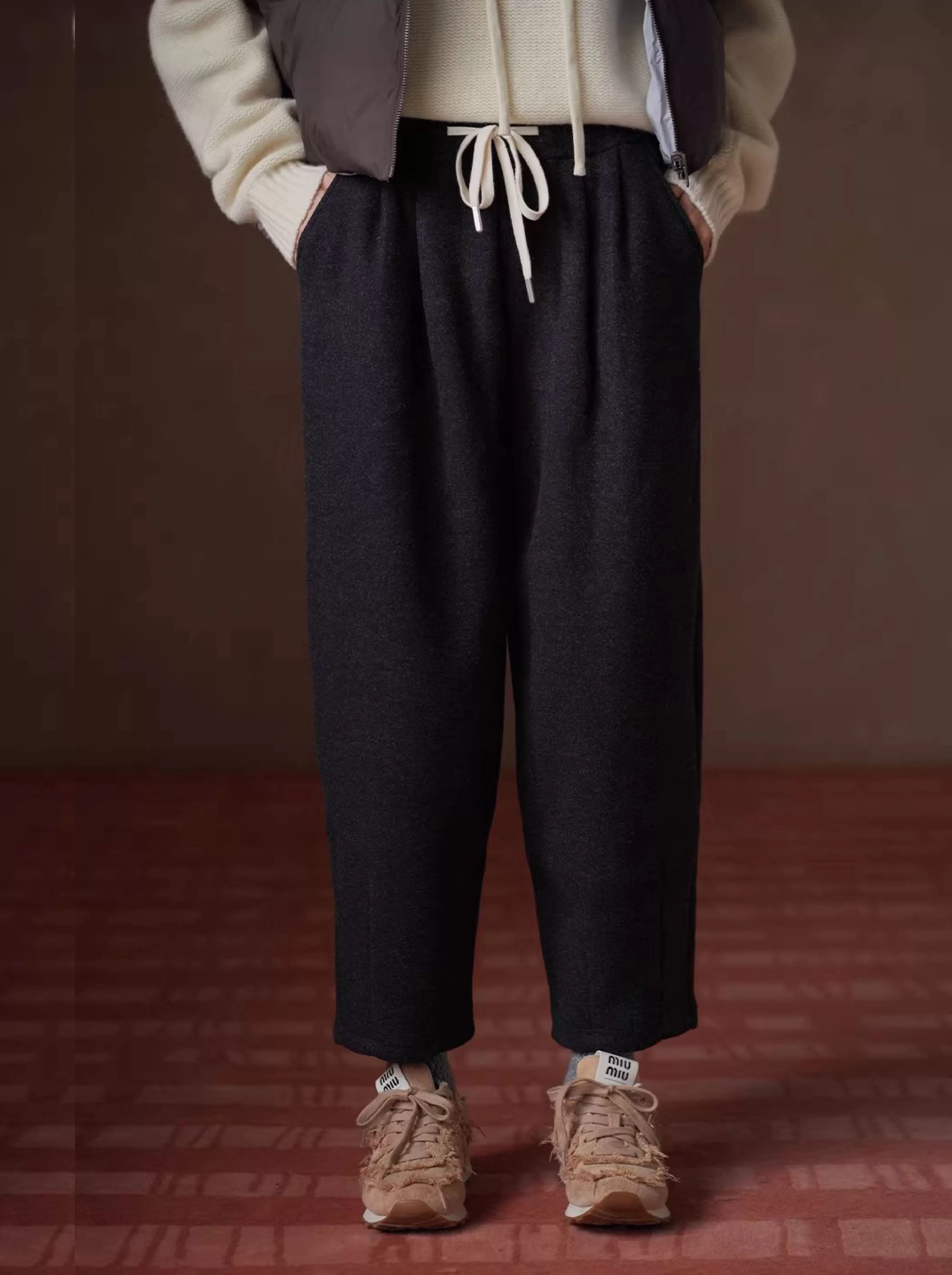 直筒微收肌理感花灰緊高腰抽繩顯瘦休閒舒適運動長褲