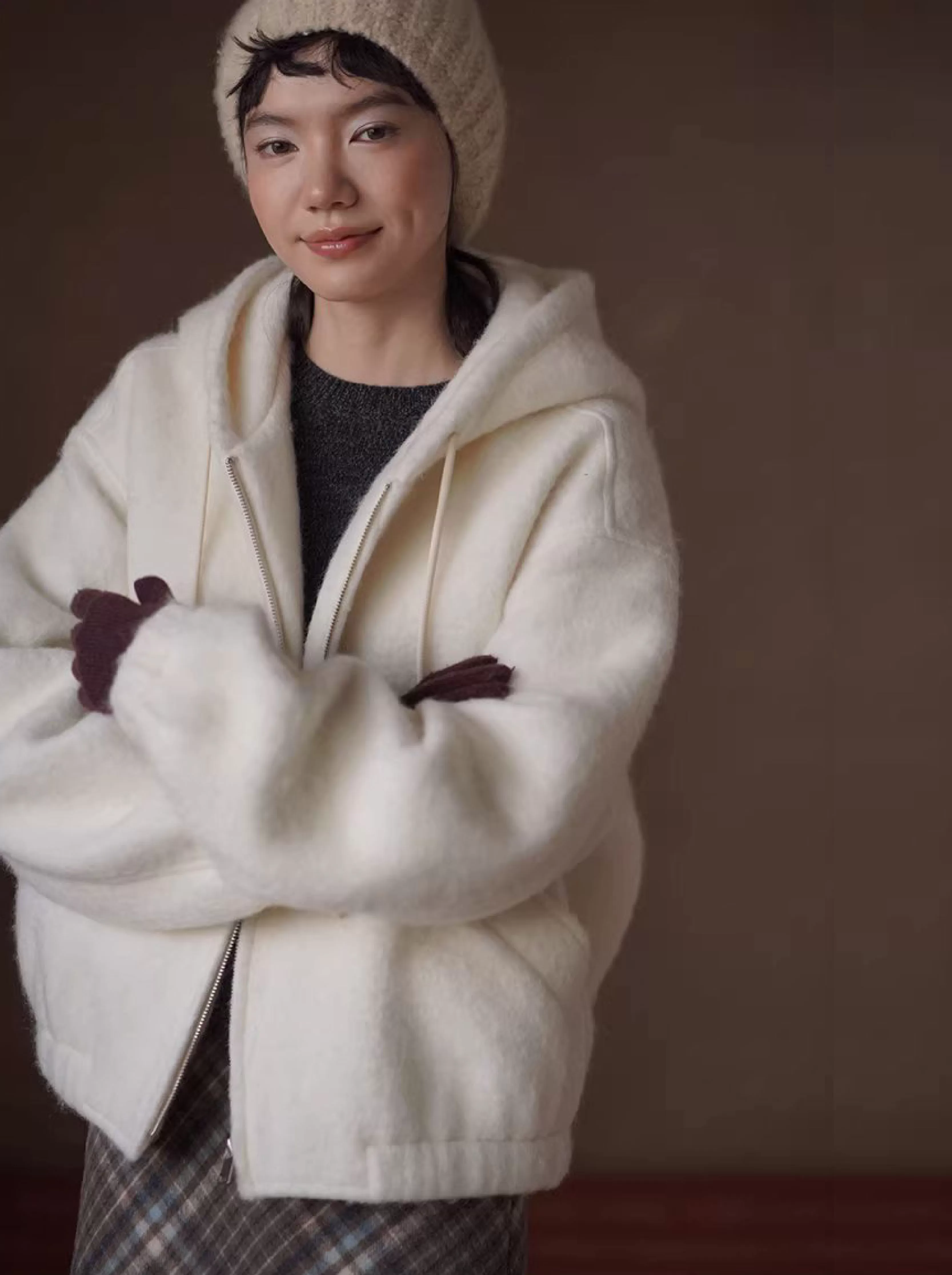 慵長雪夜長毛絨感羊毛混紡呢料連帽廓形氛圍夾棉短外套