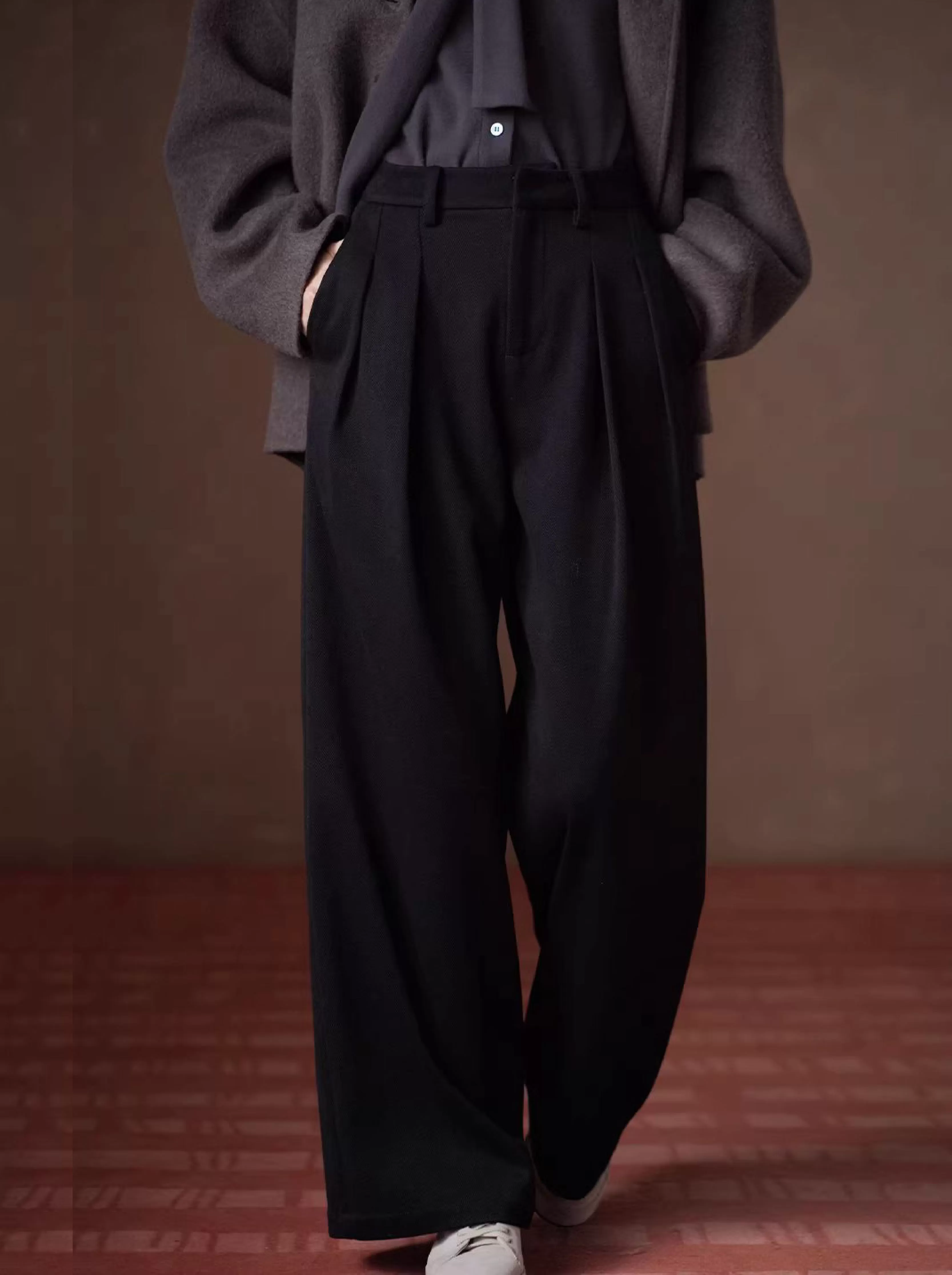 職場主角斜紋磨毛加厚寬鬆高腰通勤顯瘦闊腿西裝長褲女