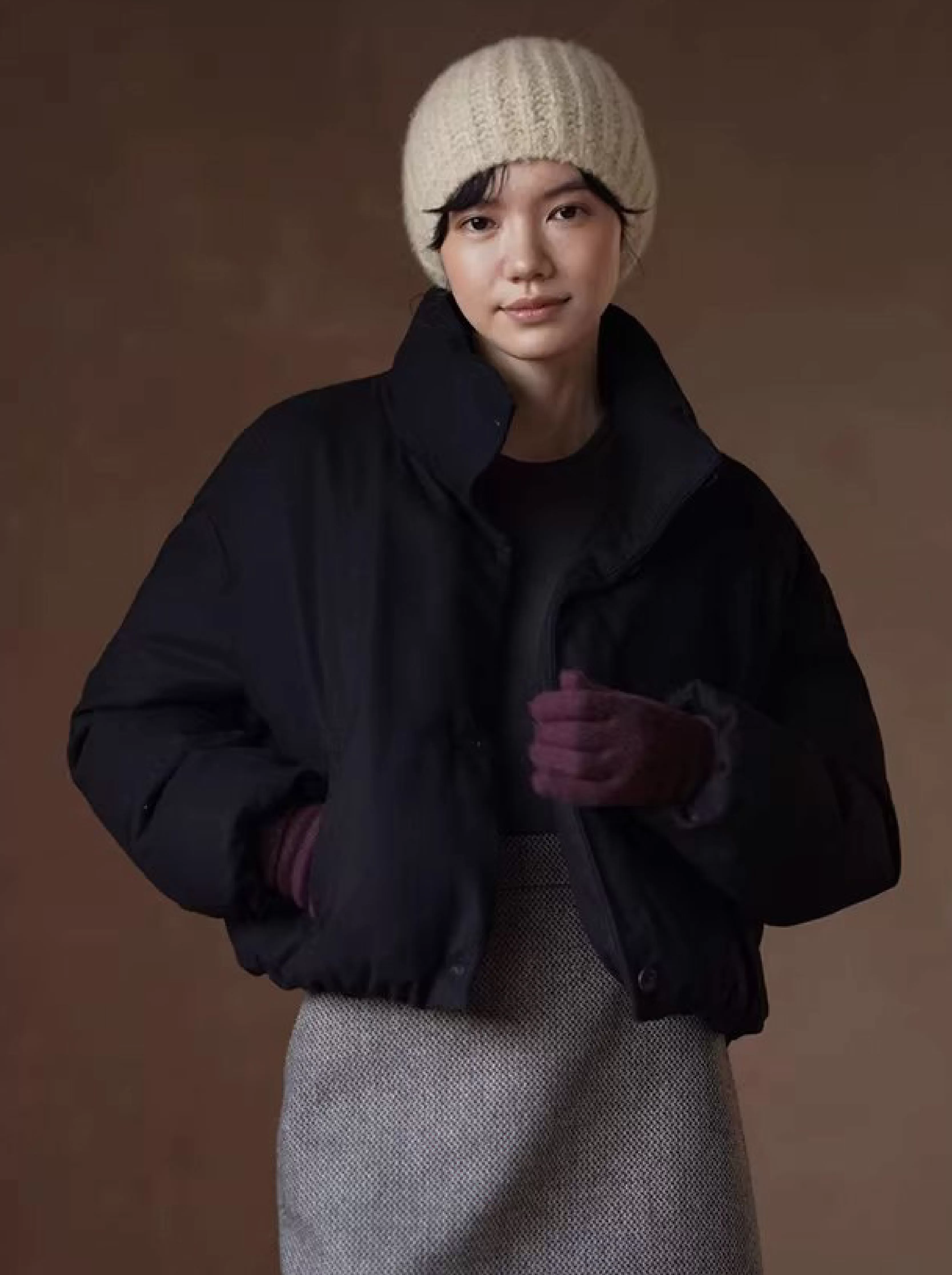 50羊毛混紡柔軟質感挺括立領防風保暖棉服短顯瘦外套