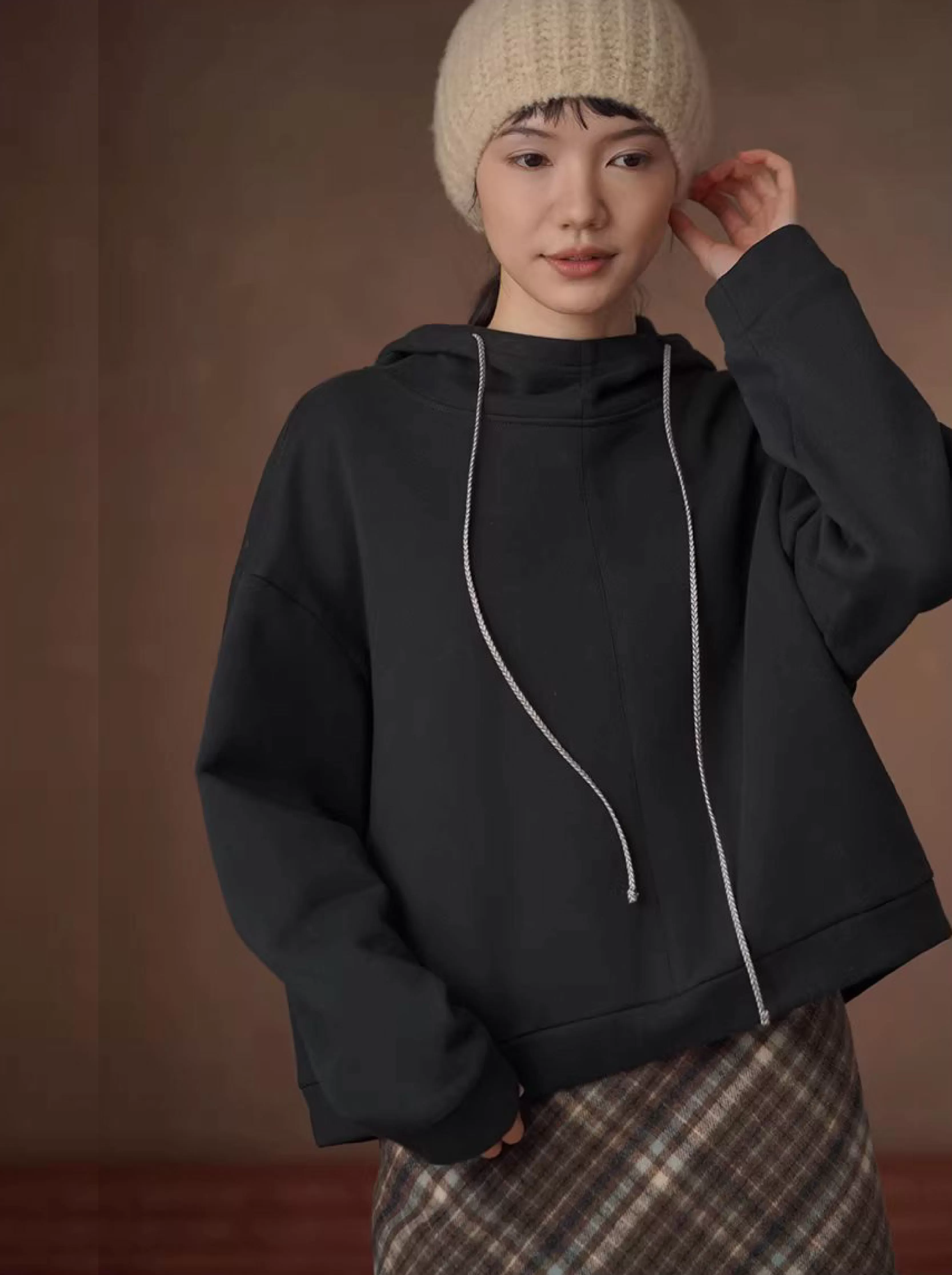 極簡休閒風半高領廓形顯瘦落肩遮肉不挑人鬆弛連帽衛衣