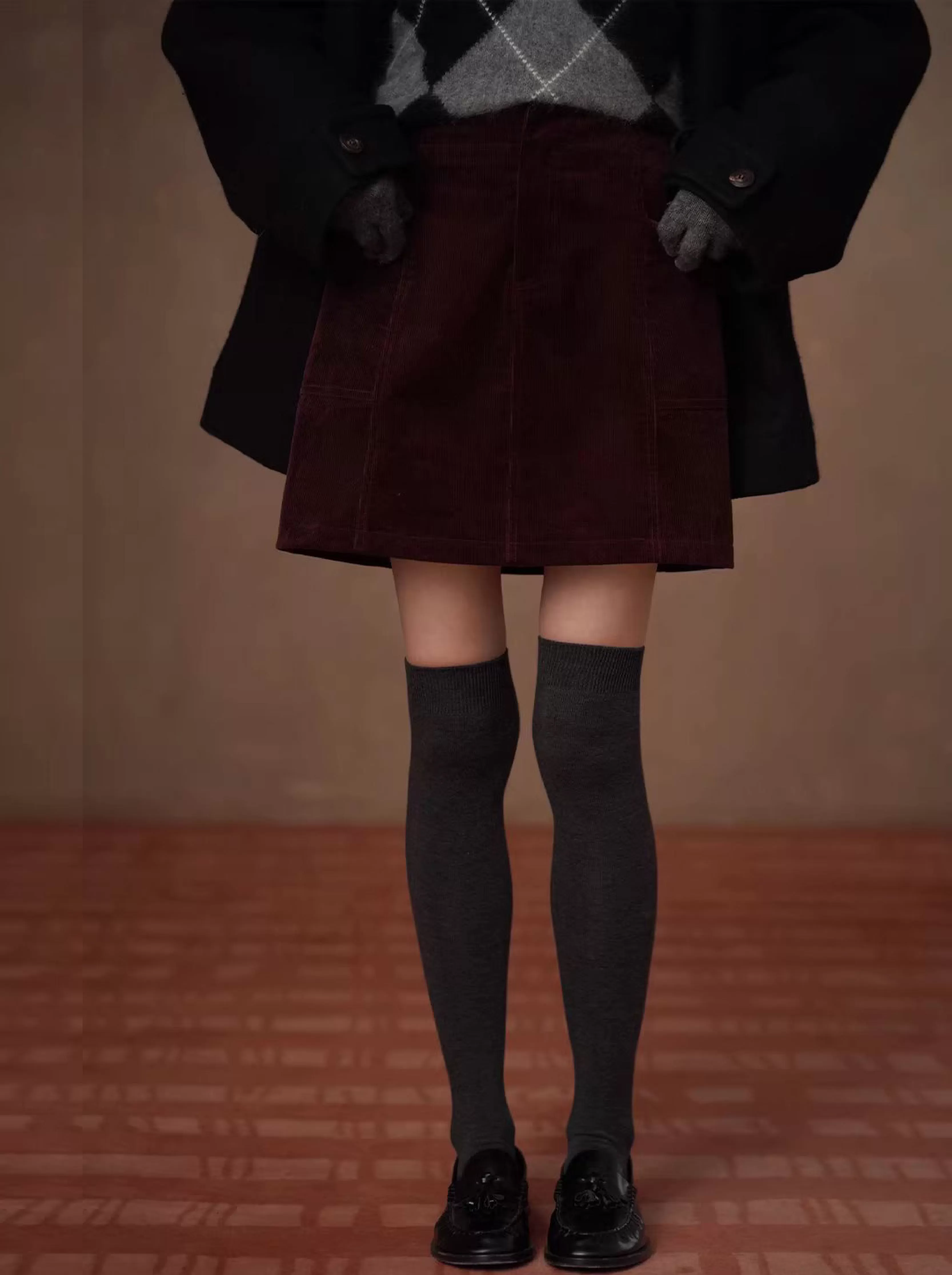 新篇章細軟坑條燈芯絨A字版型立體分割高腰顯瘦半身裙女