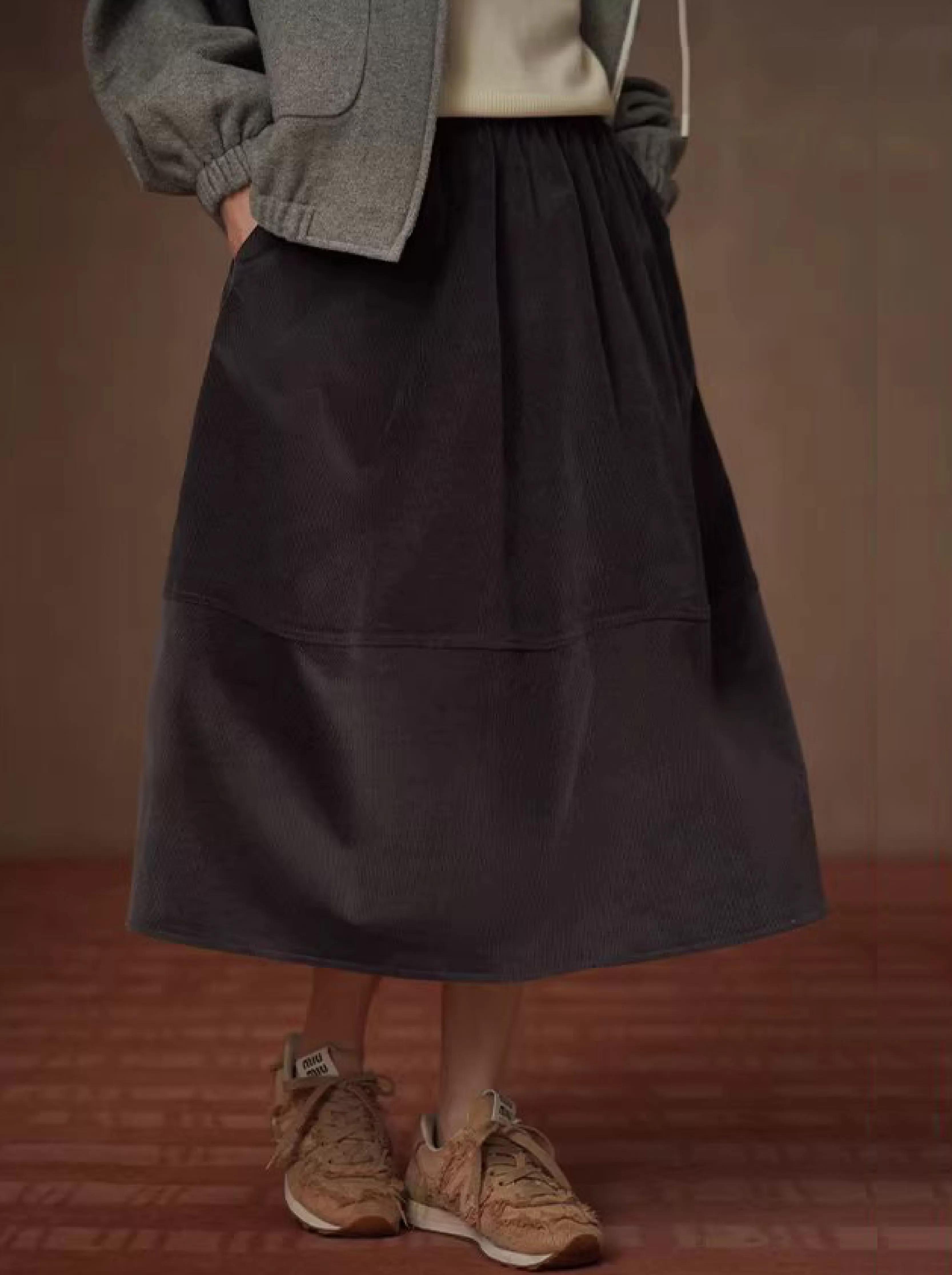 細膩坑條燈芯絨鬆緊高腰顯瘦分割剪裁通勤蓬蓬半身裙女