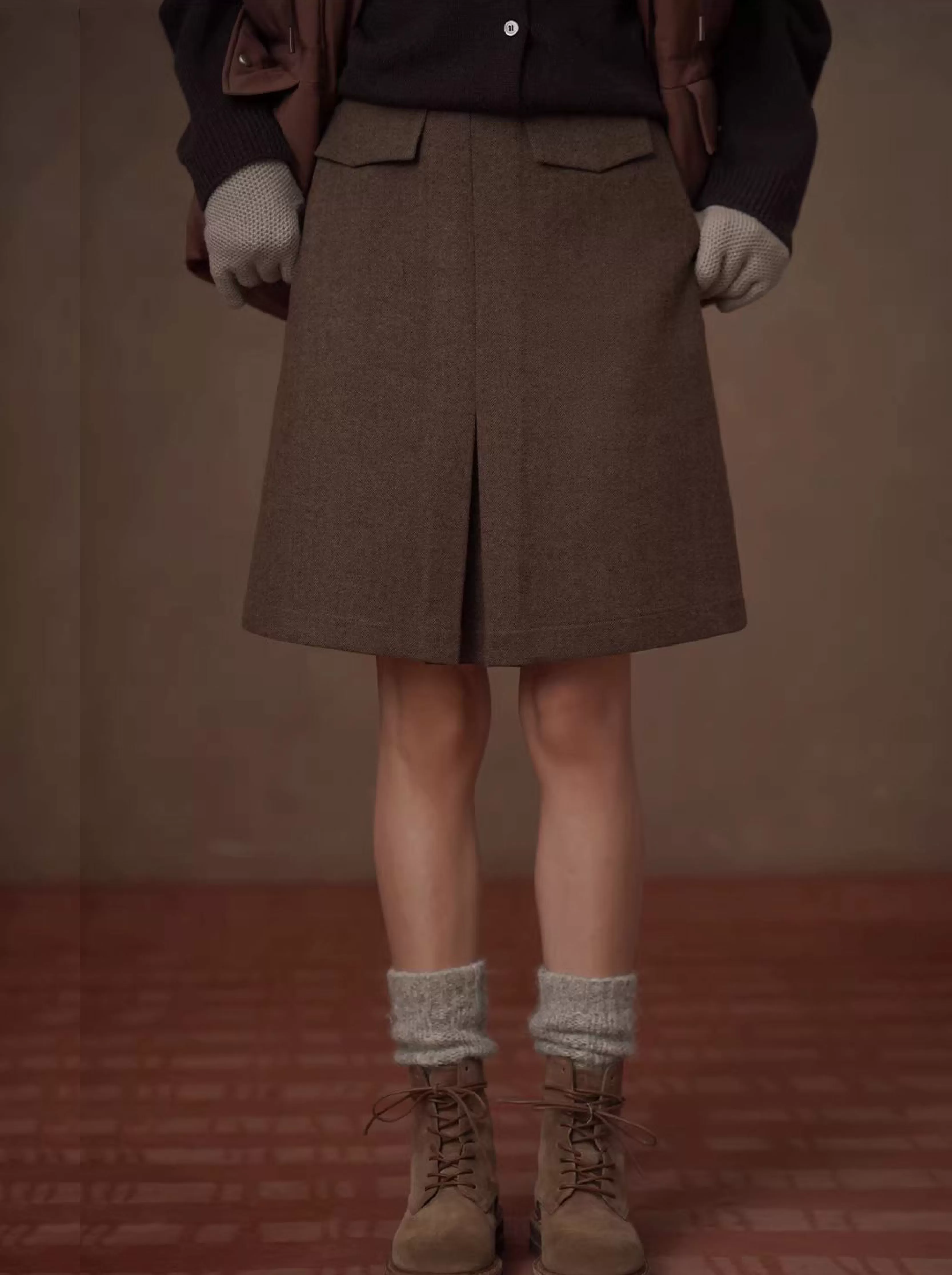 復古少女感綿羊毛混紡挺括呢料靈動褶襉高腰顯瘦半身裙