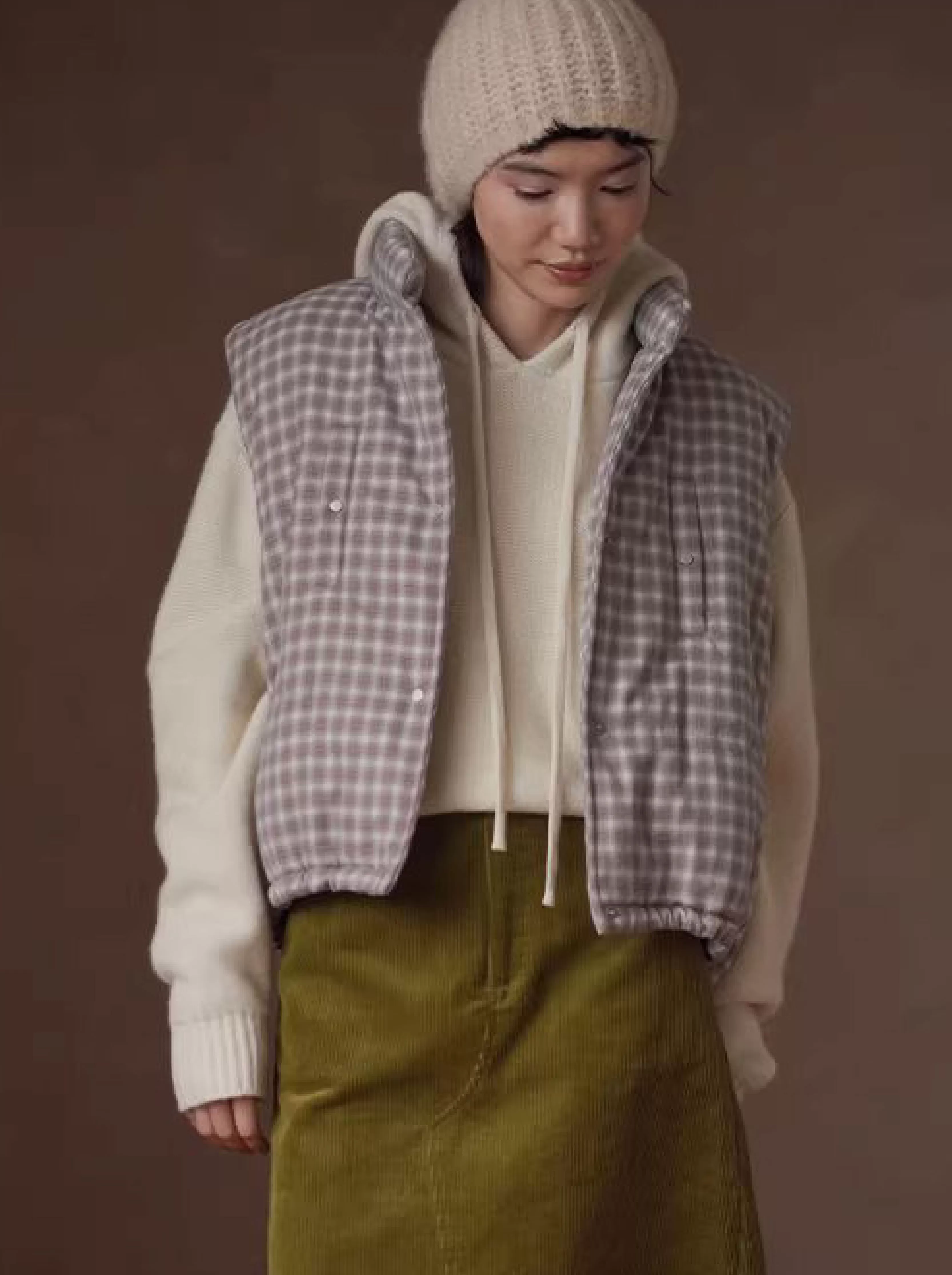 清新韓女格紋時髦疊穿保暖棉服立領短款寬鬆顯瘦馬甲女