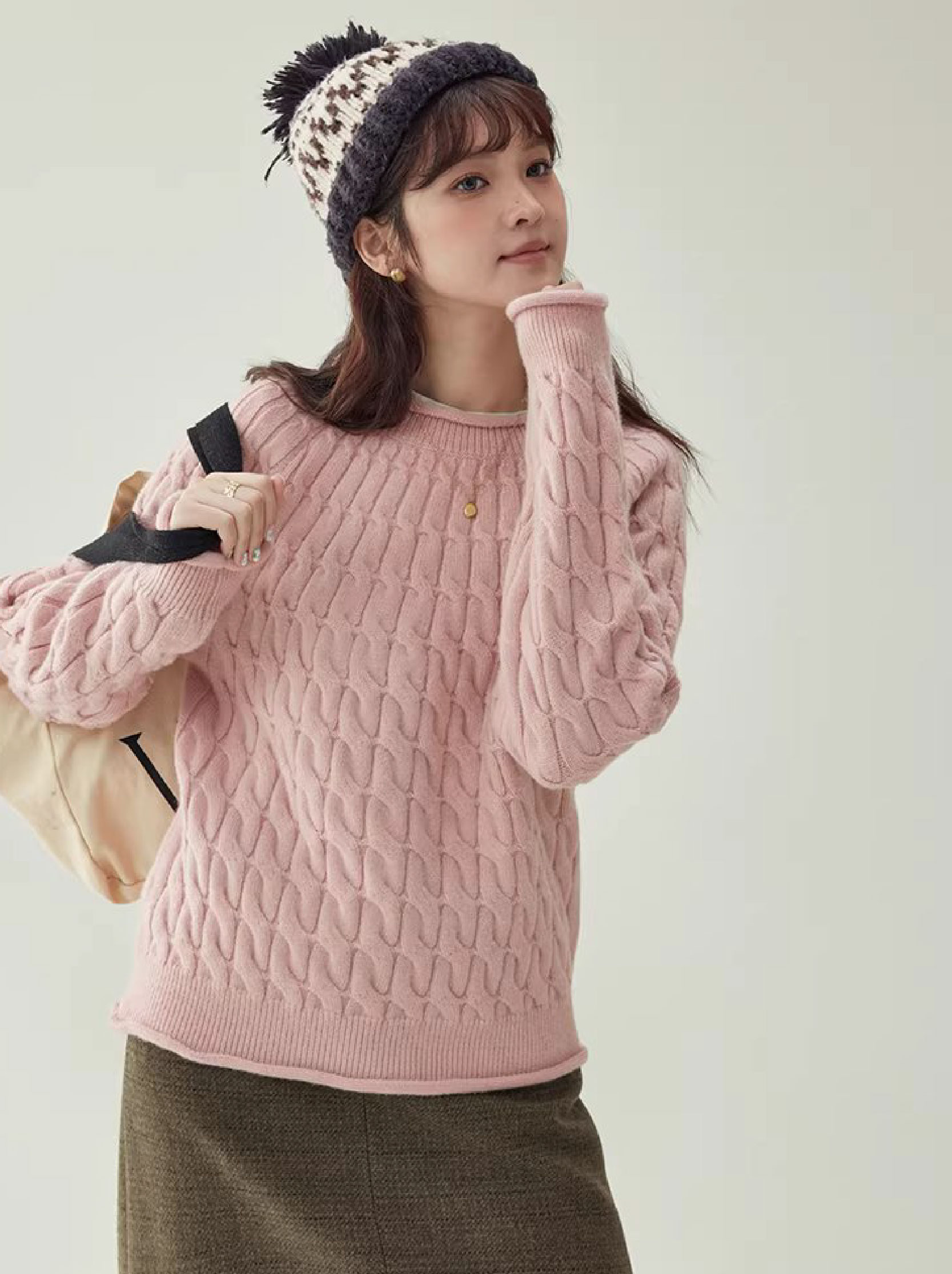 粉紅扭花捲邊長袖毛衣女25冬季新款甜美圓領上衣