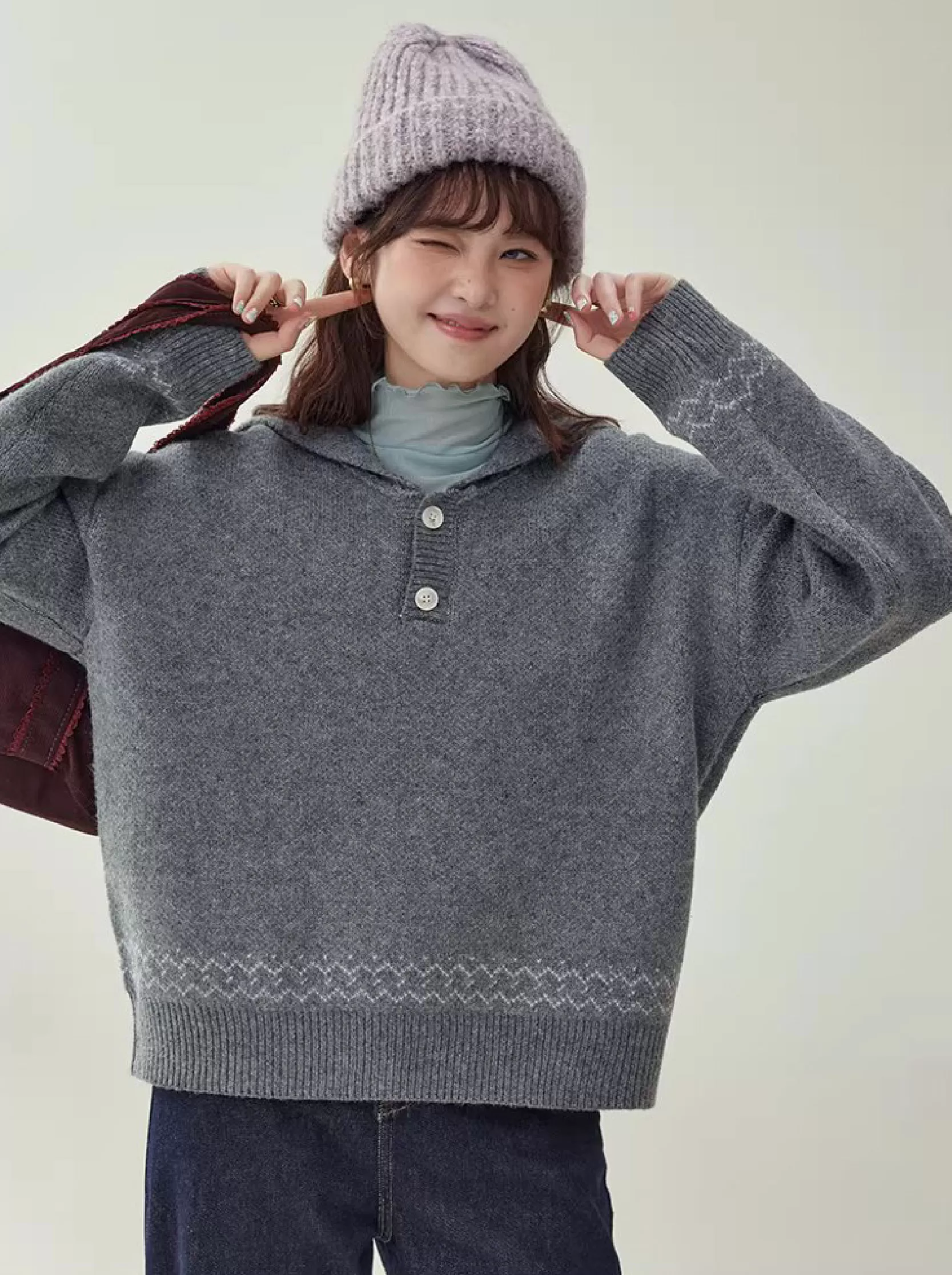 灰色提花海軍領毛衣女冬新款費爾島寬鬆長袖上衣