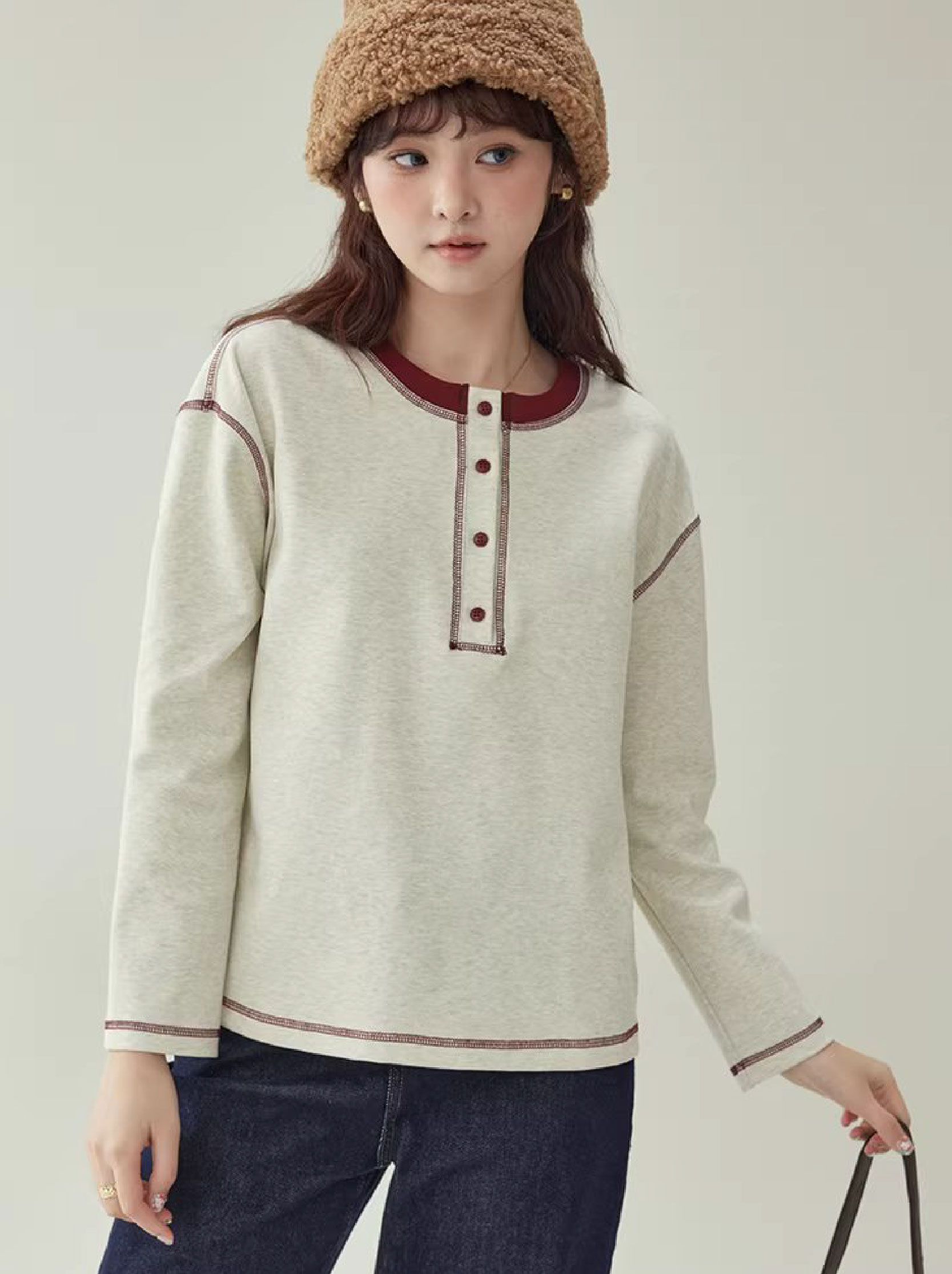 撞色反線落肩袖T恤女冬季新款半開扣圓領上衣